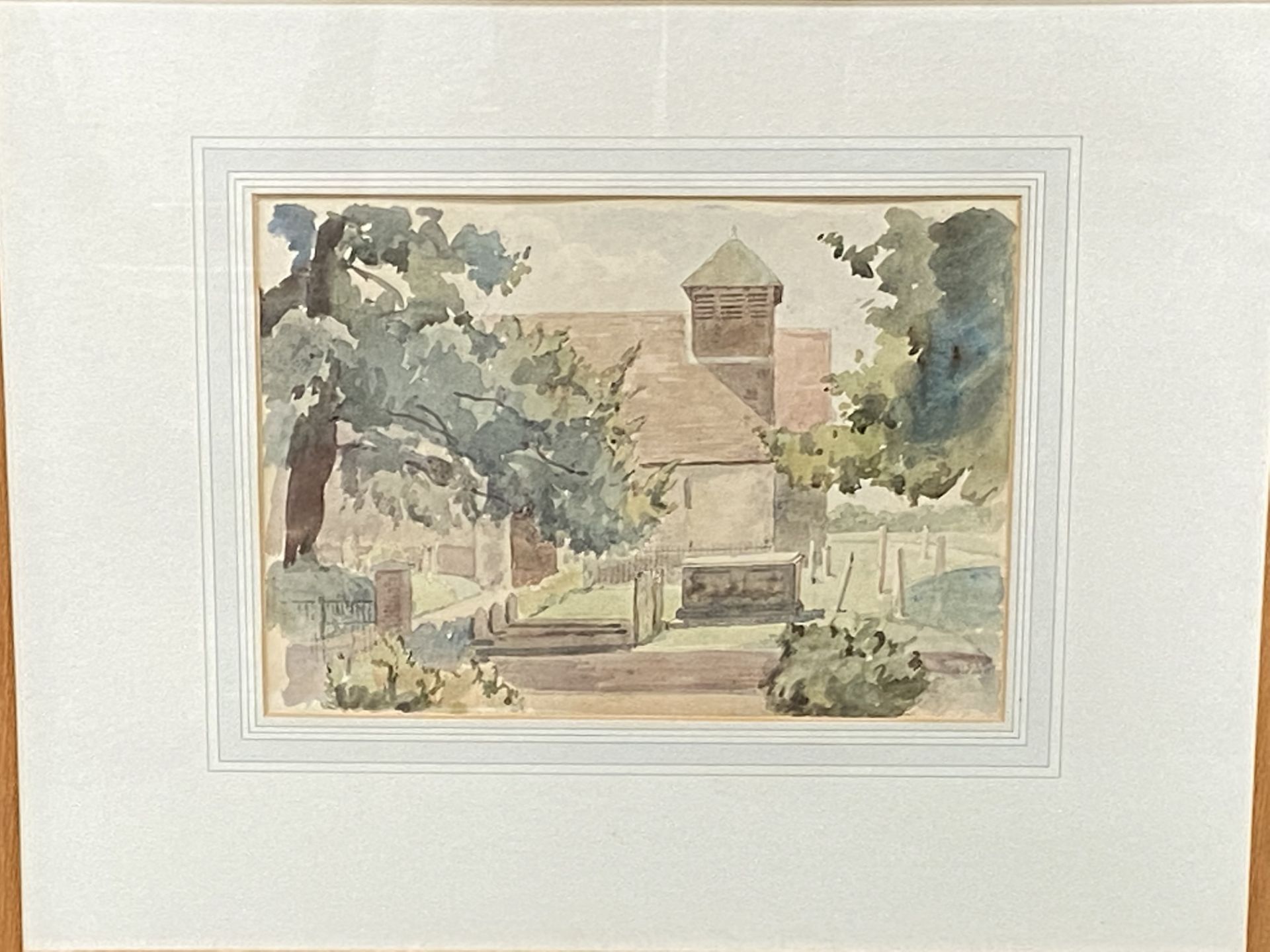 Framed and glazed watercolour of a churchyard - Bild 4 aus 4