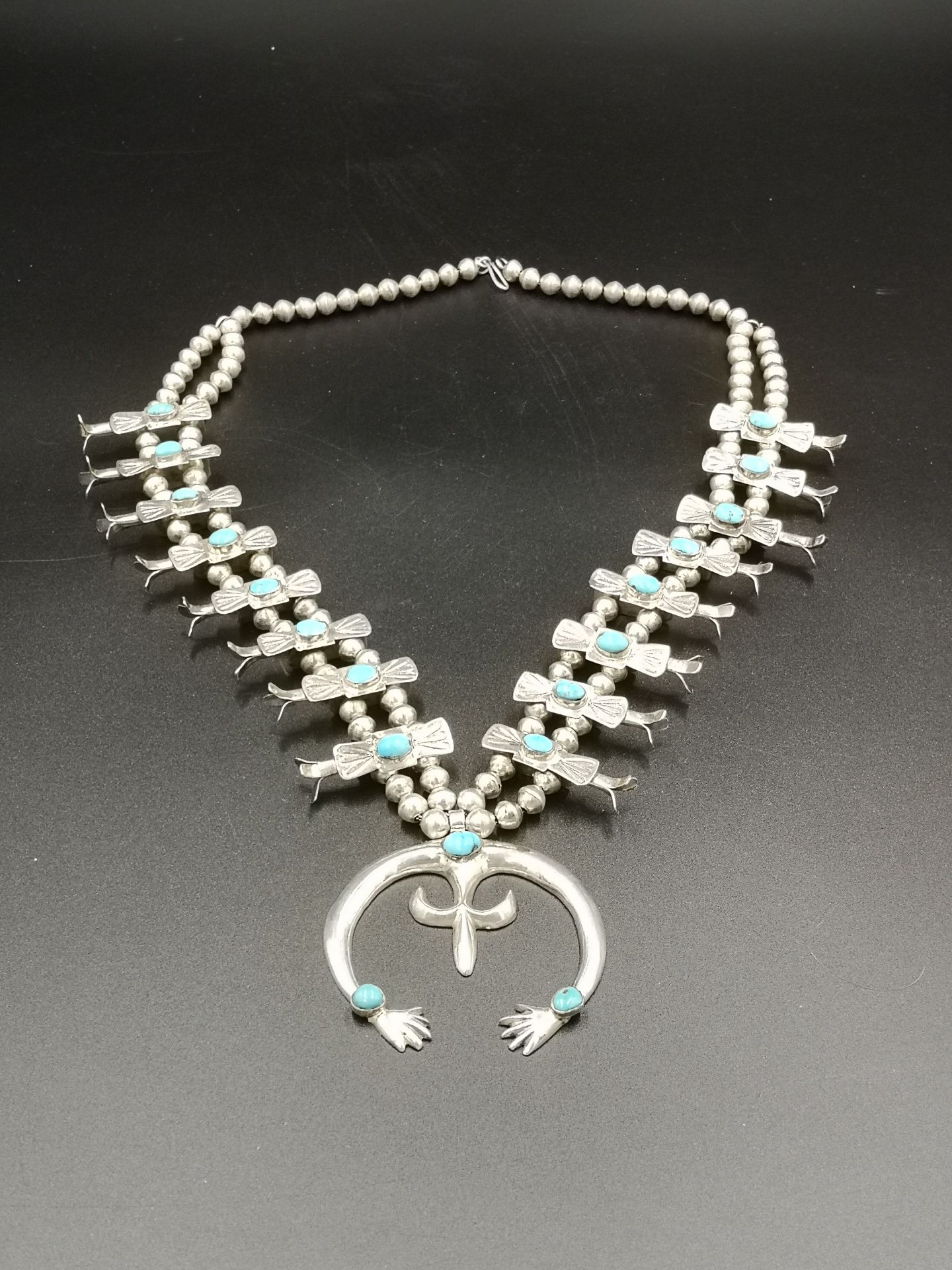 Fred Harvey silver and turquoise 'squash blossom' necklace - Image 5 of 6