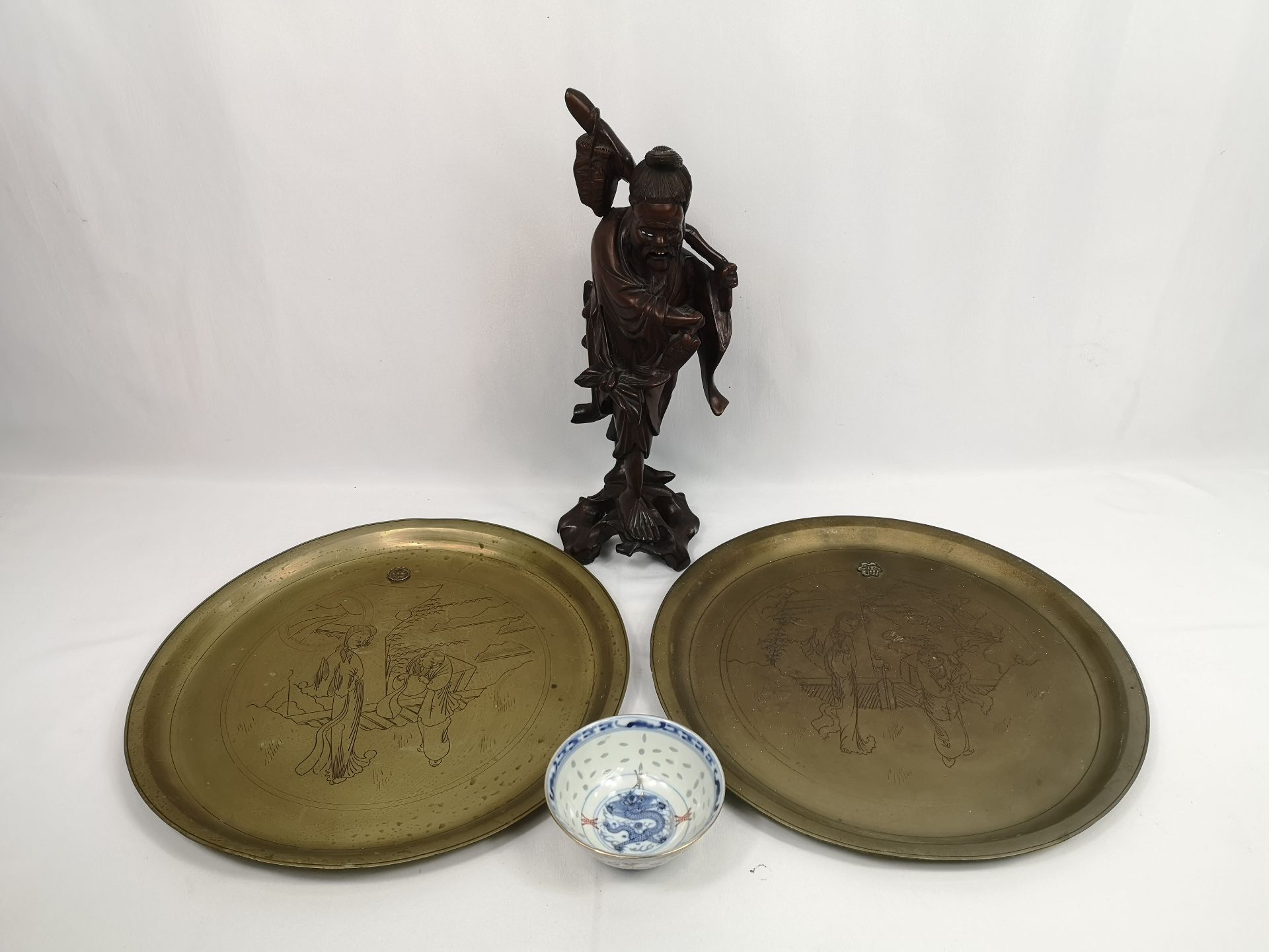 Two brass trays and other items