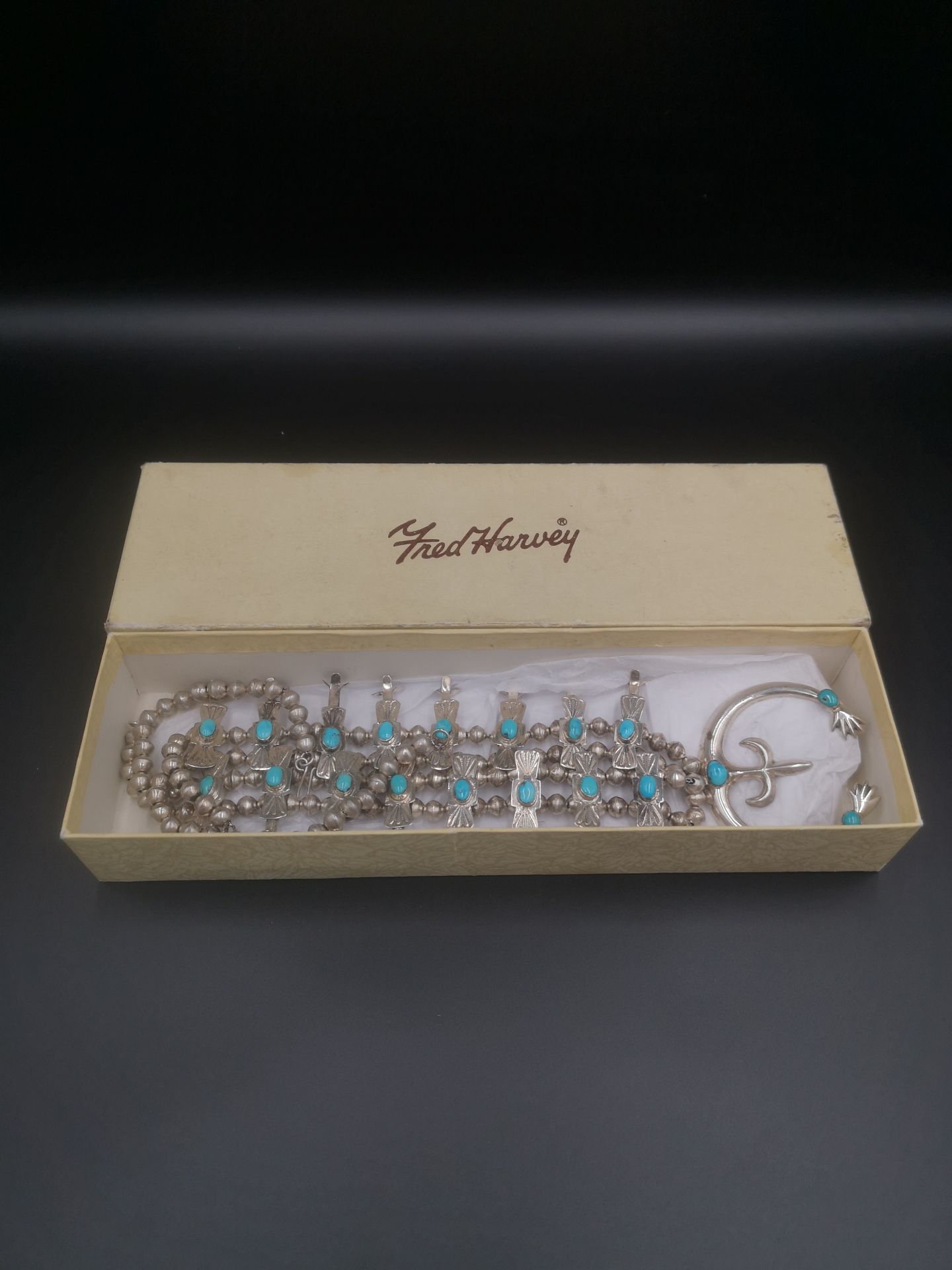 Fred Harvey silver and turquoise 'squash blossom' necklace - Image 2 of 6