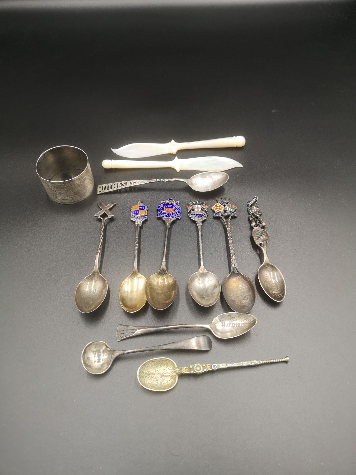 Eight silver souvenir spoons and other items