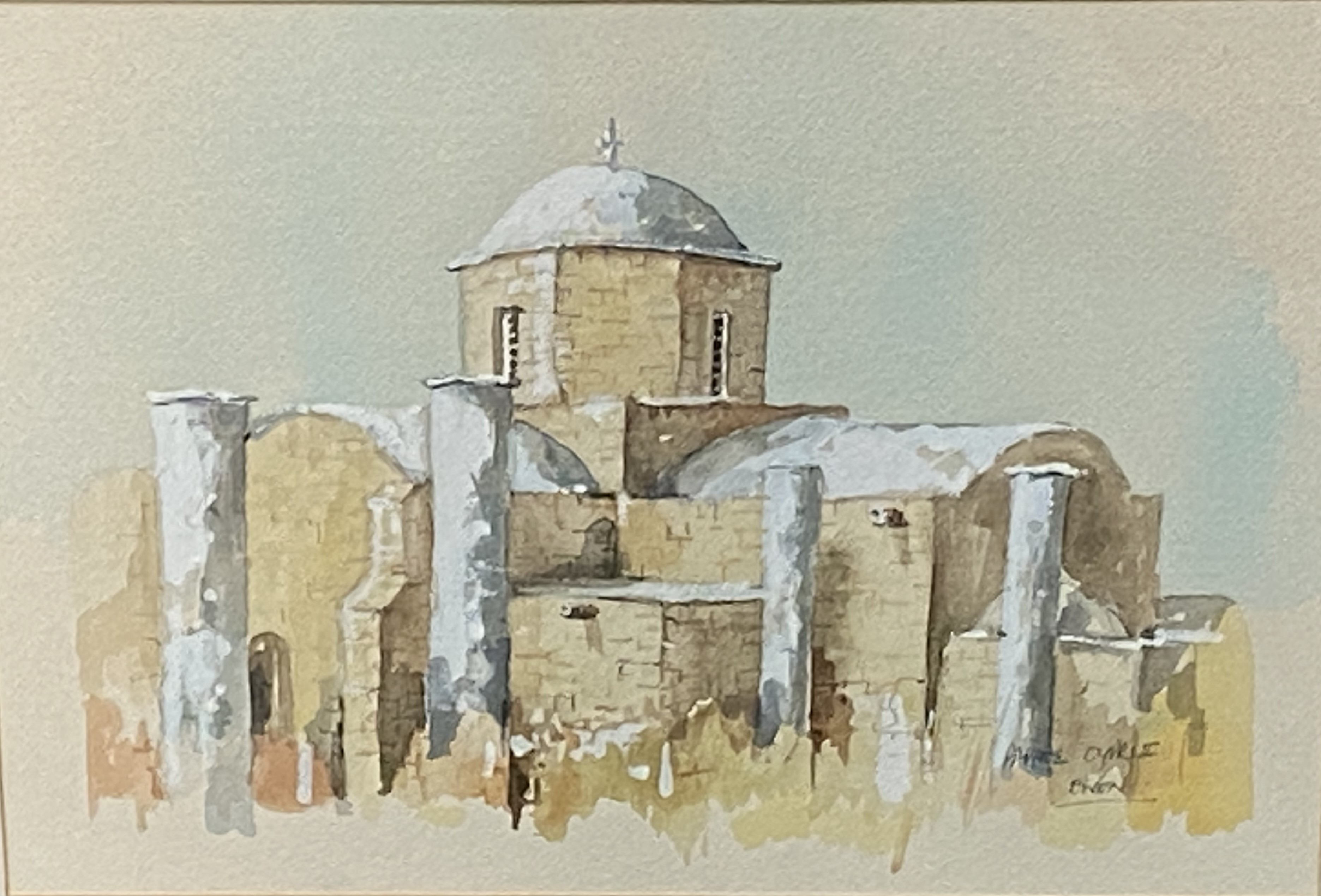 Framed and glazed watercolour of a Mediterranean church