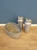 Galvanised pot together with two galvanised Carricans