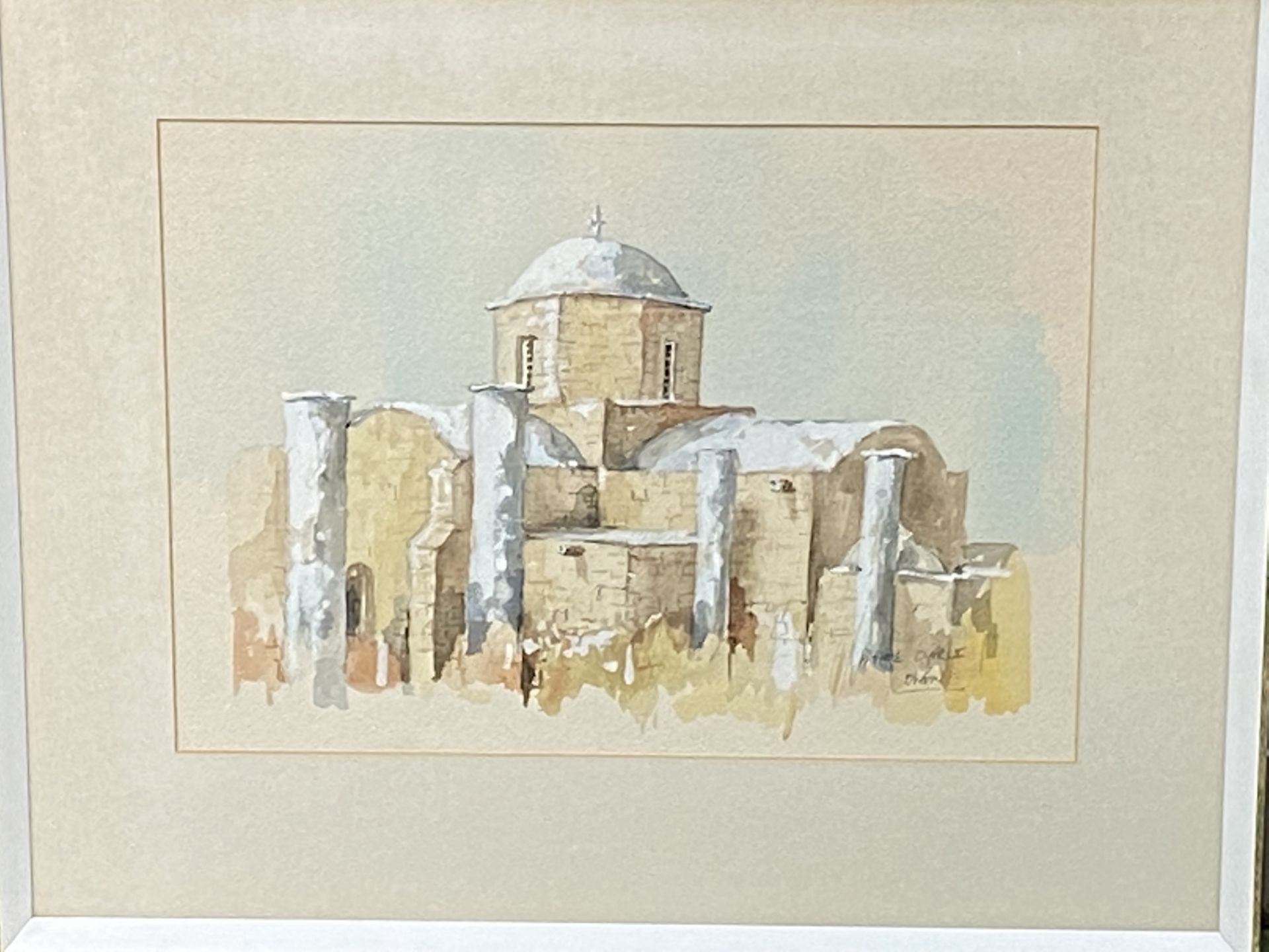 Framed and glazed watercolour of a Mediterranean church - Image 2 of 4