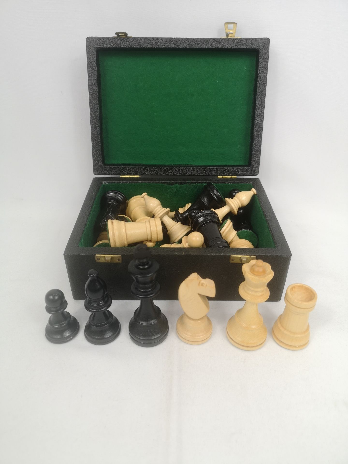 Ebony and boxwood chess set in Jaques box