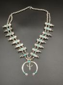 Fred Harvey silver and turquoise 'squash blossom' necklace