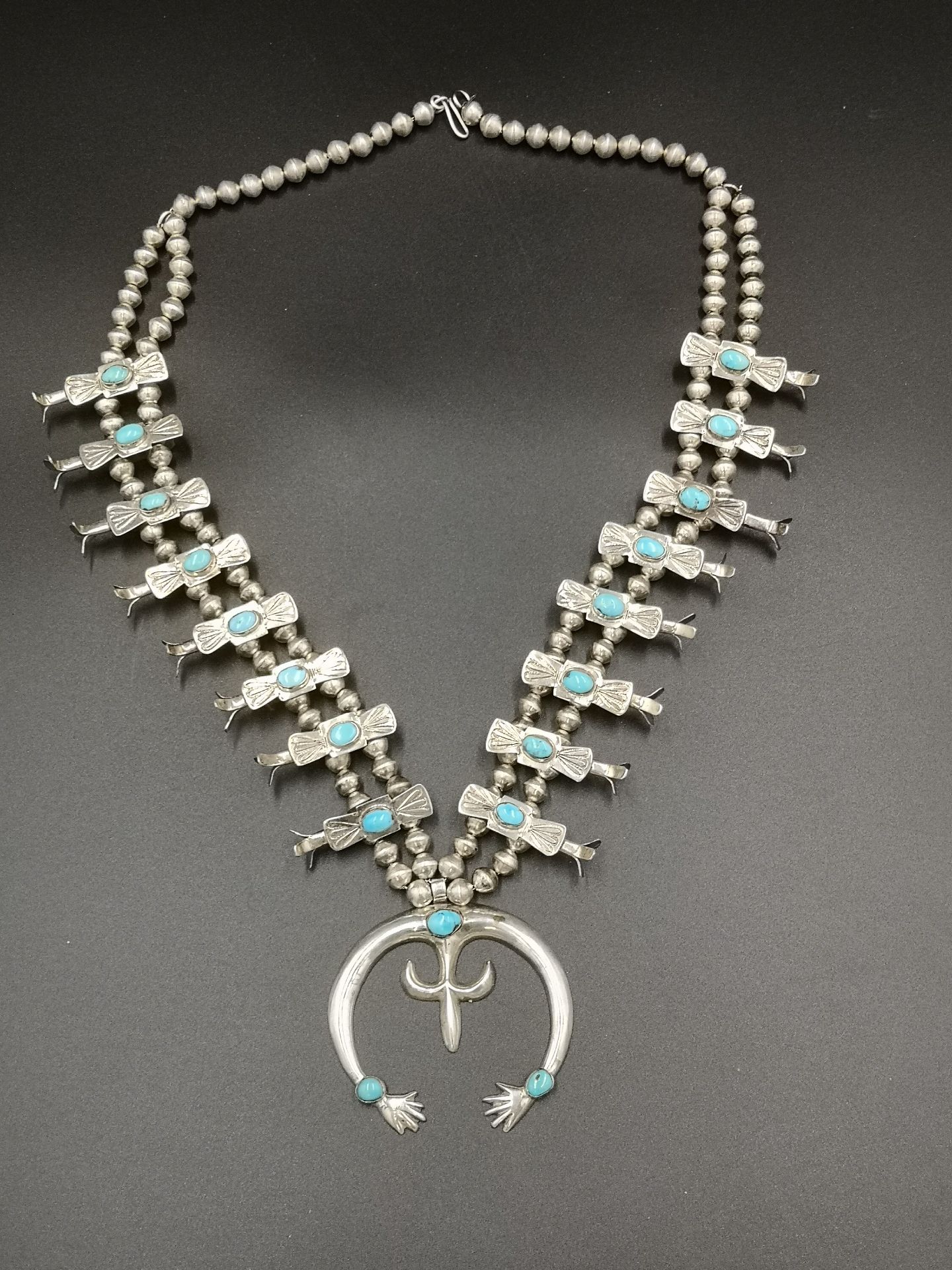 Fred Harvey silver and turquoise 'squash blossom' necklace
