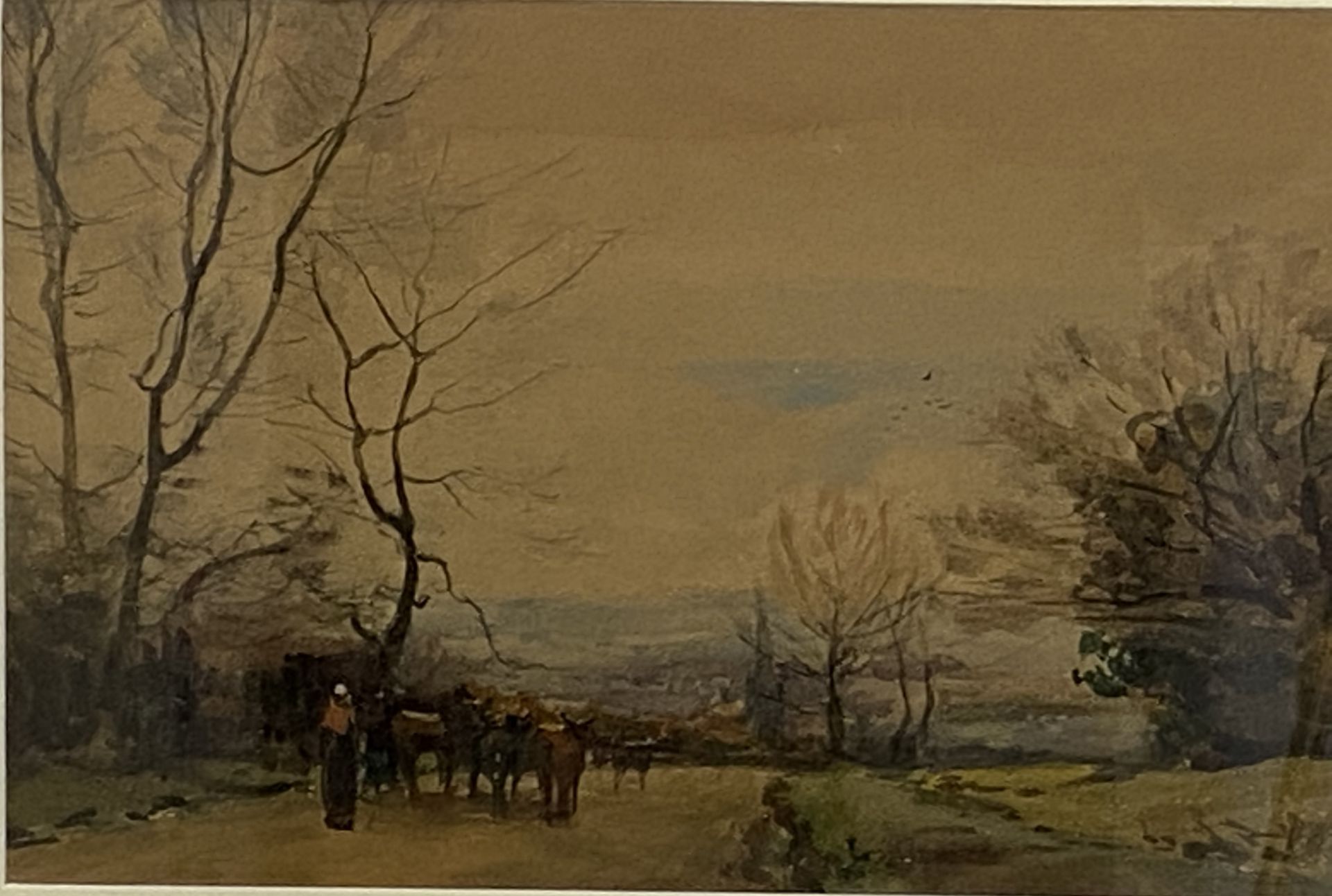 Framed and glazed watercolour of cattle