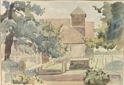 Framed and glazed watercolour of a churchyard