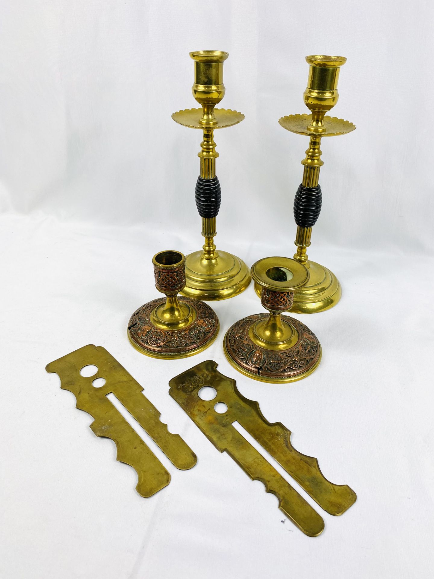 Pair of brass candlesticks and other items