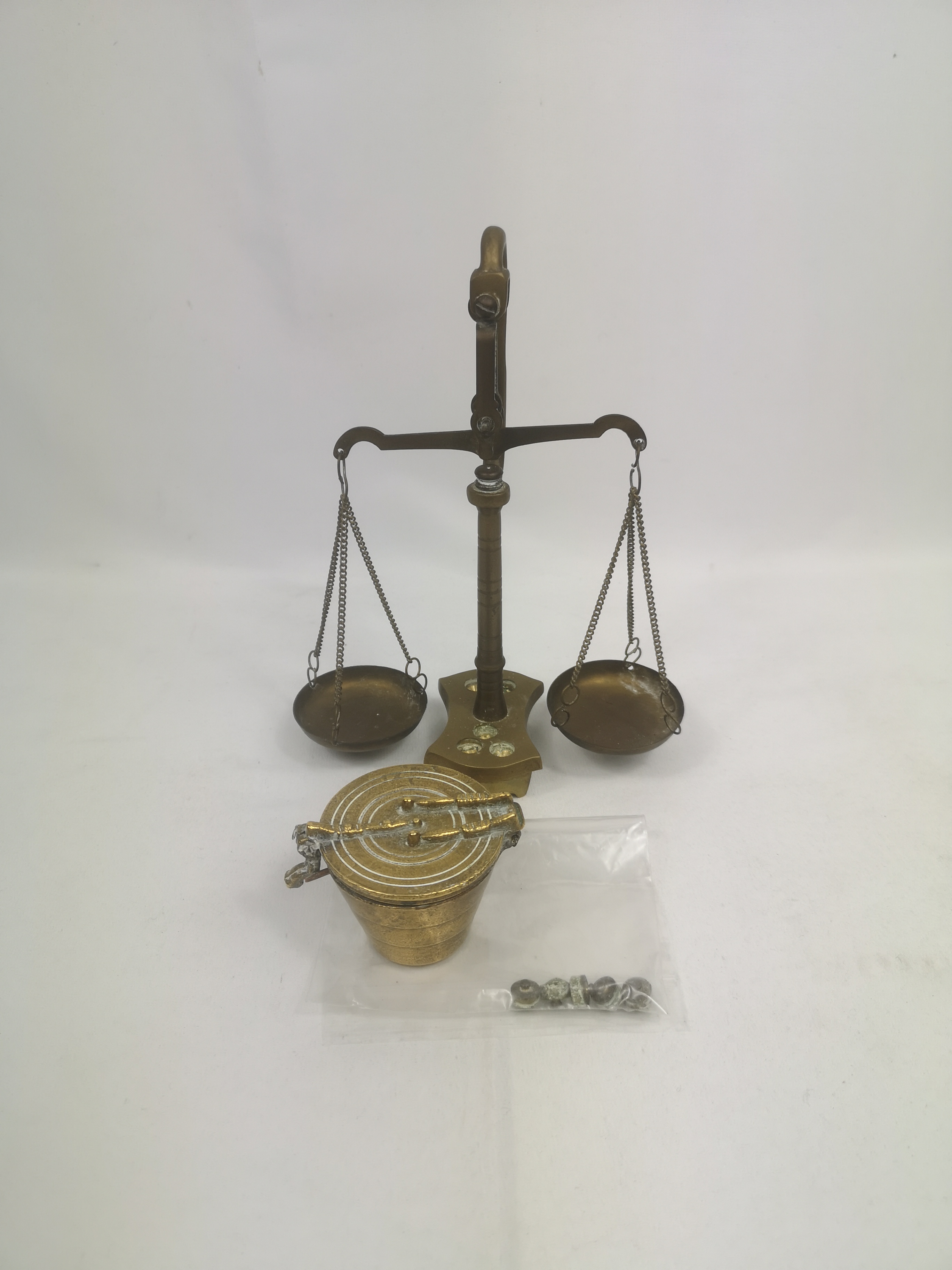 Set of brass scales together with a set of brass Nuremberg style weights