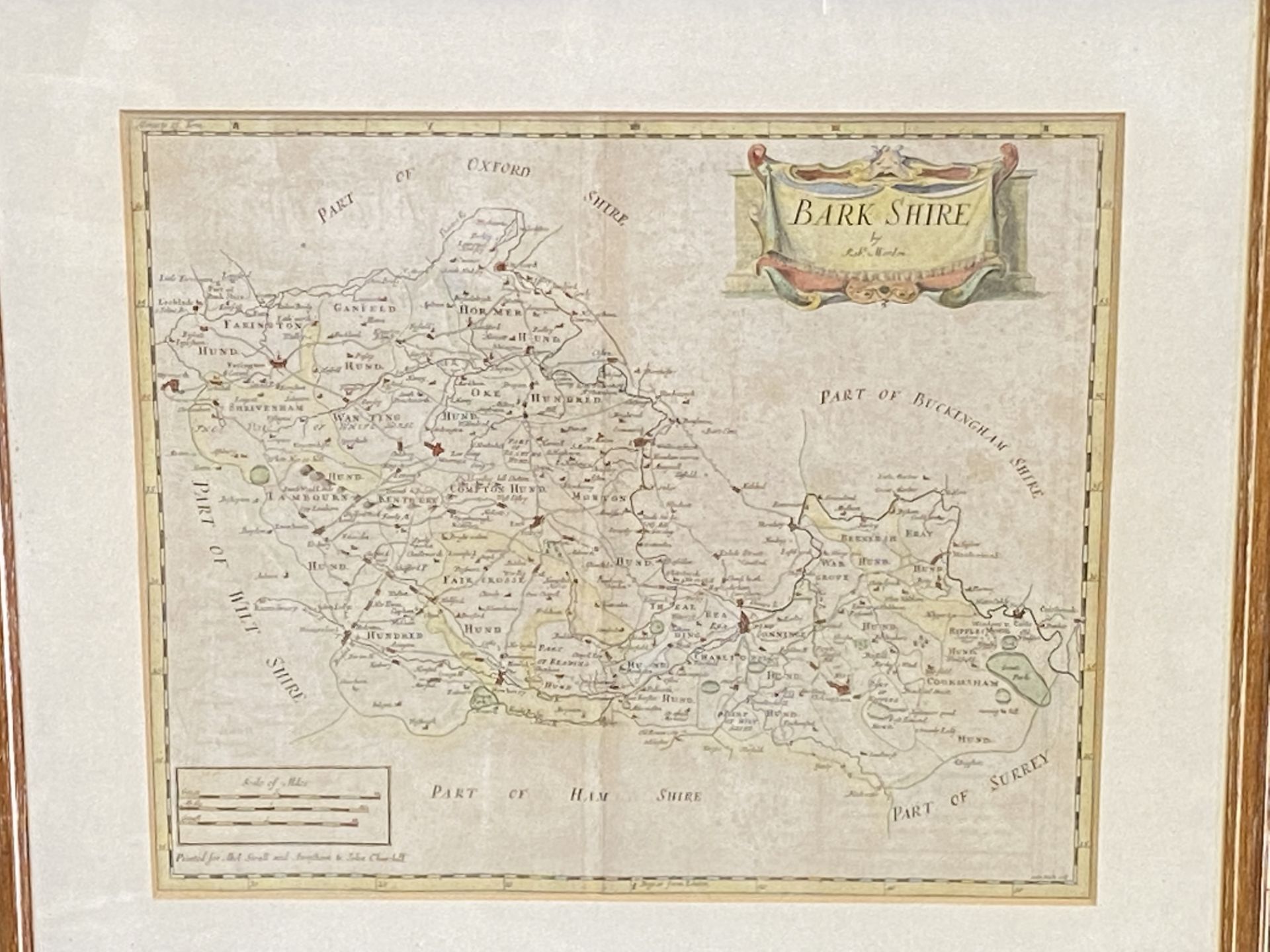 Framed and glazed hand coloured map of Barkshire together with two other maps