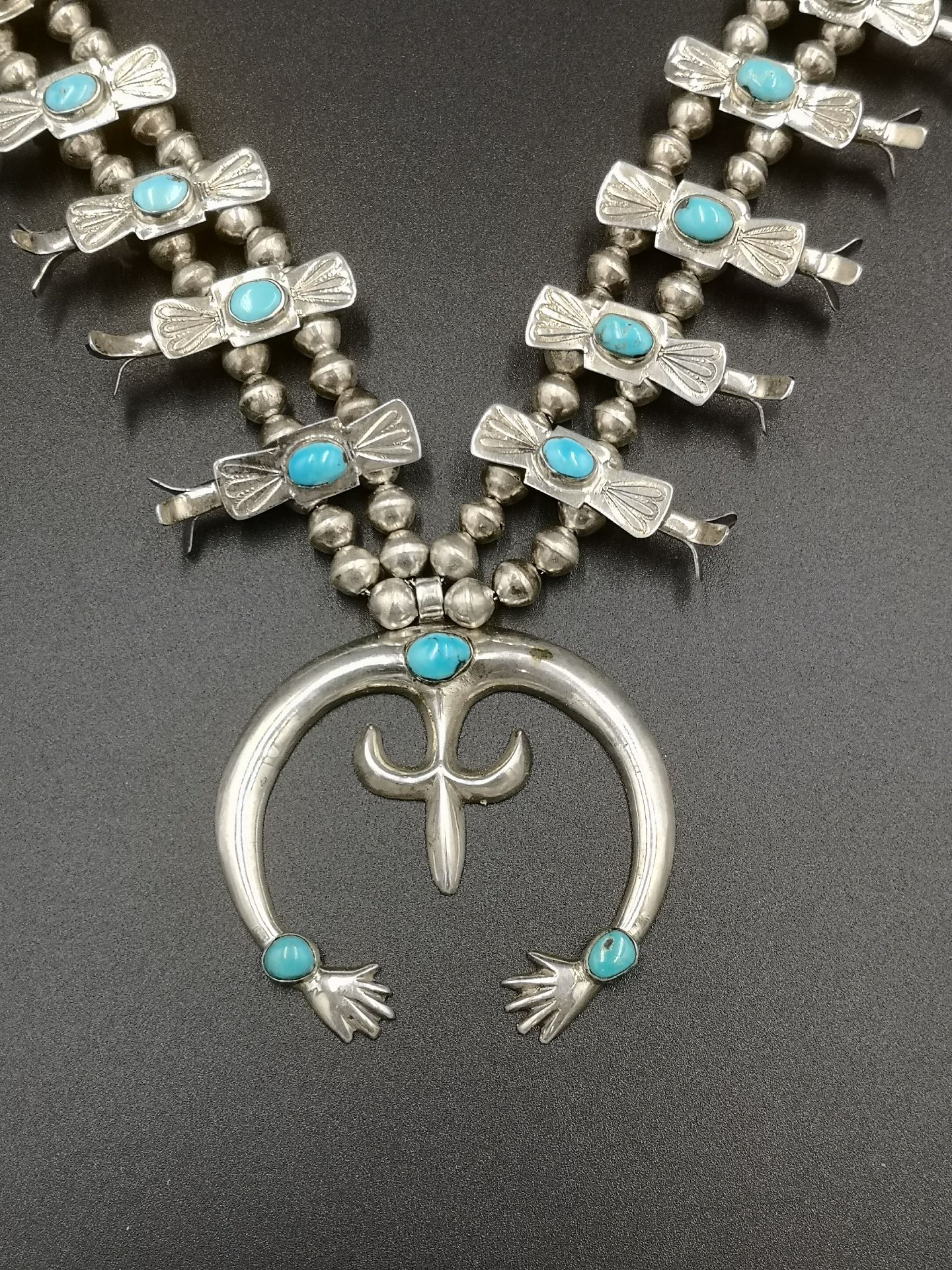 Fred Harvey silver and turquoise 'squash blossom' necklace - Image 4 of 6