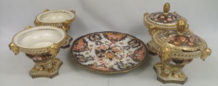 Four Royal Crown Derby pot pourri dishes together with a Royal Crown Derby plate