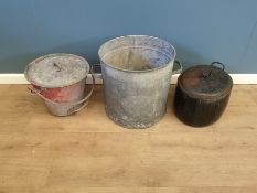Galvanised pail and fire bucket; together with a cooking pot