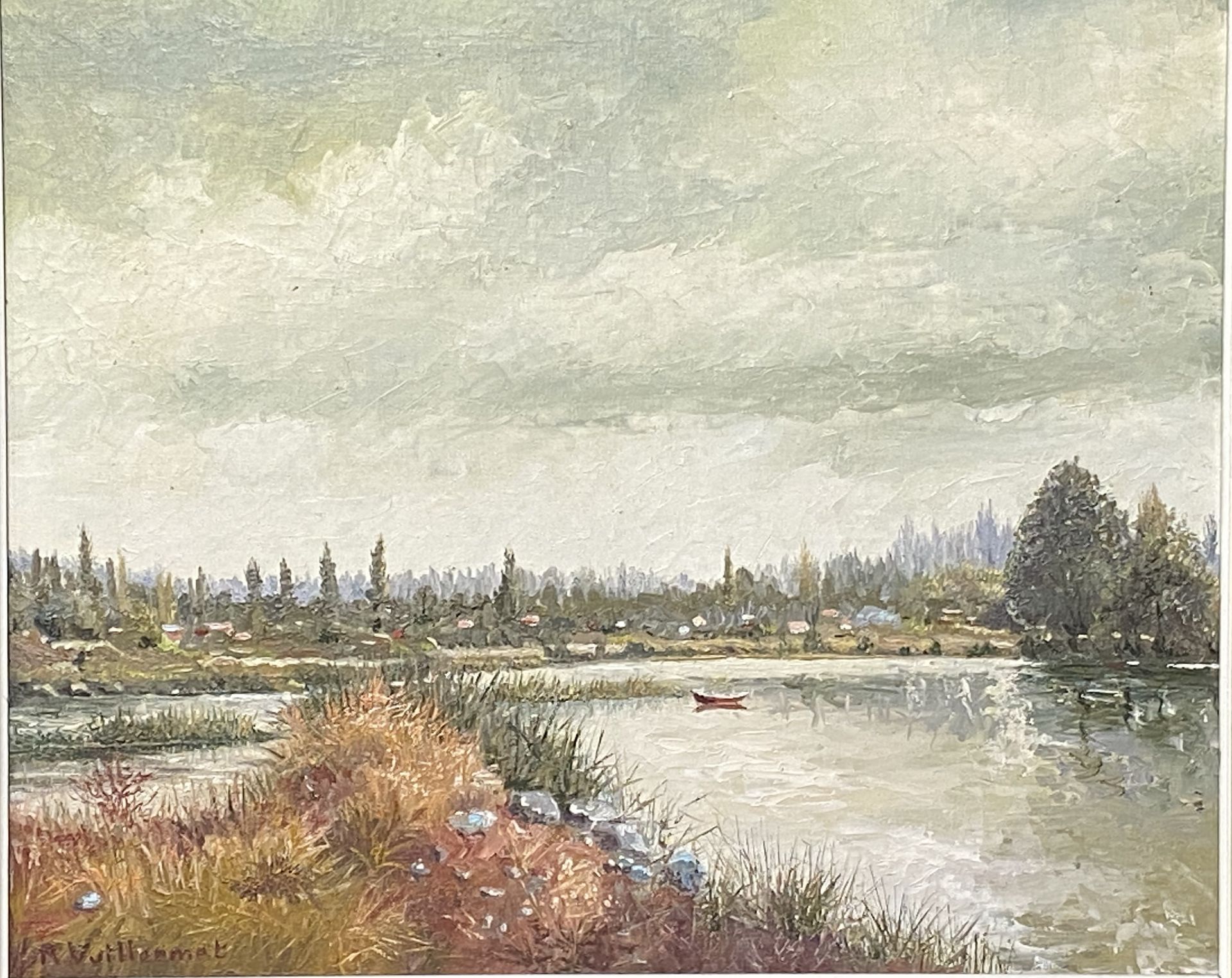 Framed oil on canvas of a river scene