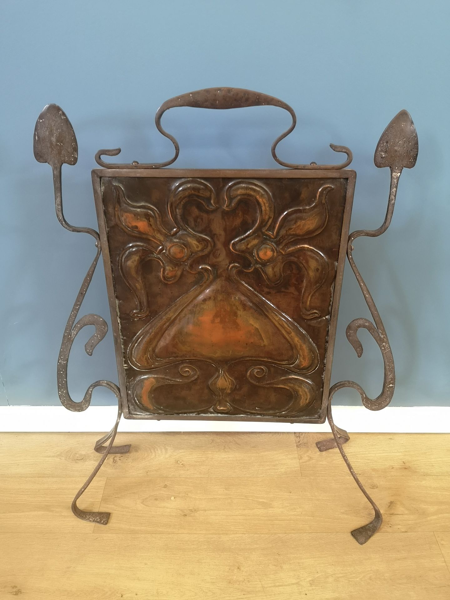 Art nouveau steel and copper firescreen