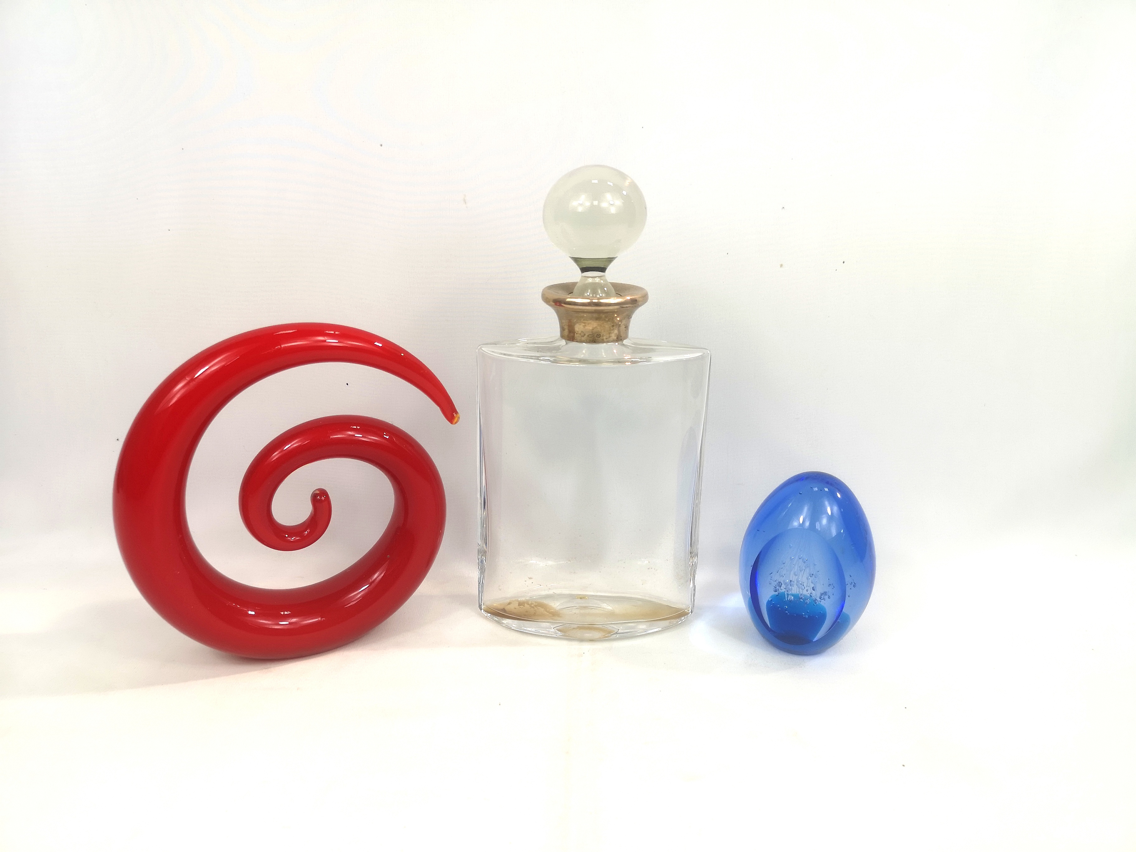 Glass and silver decanter, glass paperweight and art glass sculpture