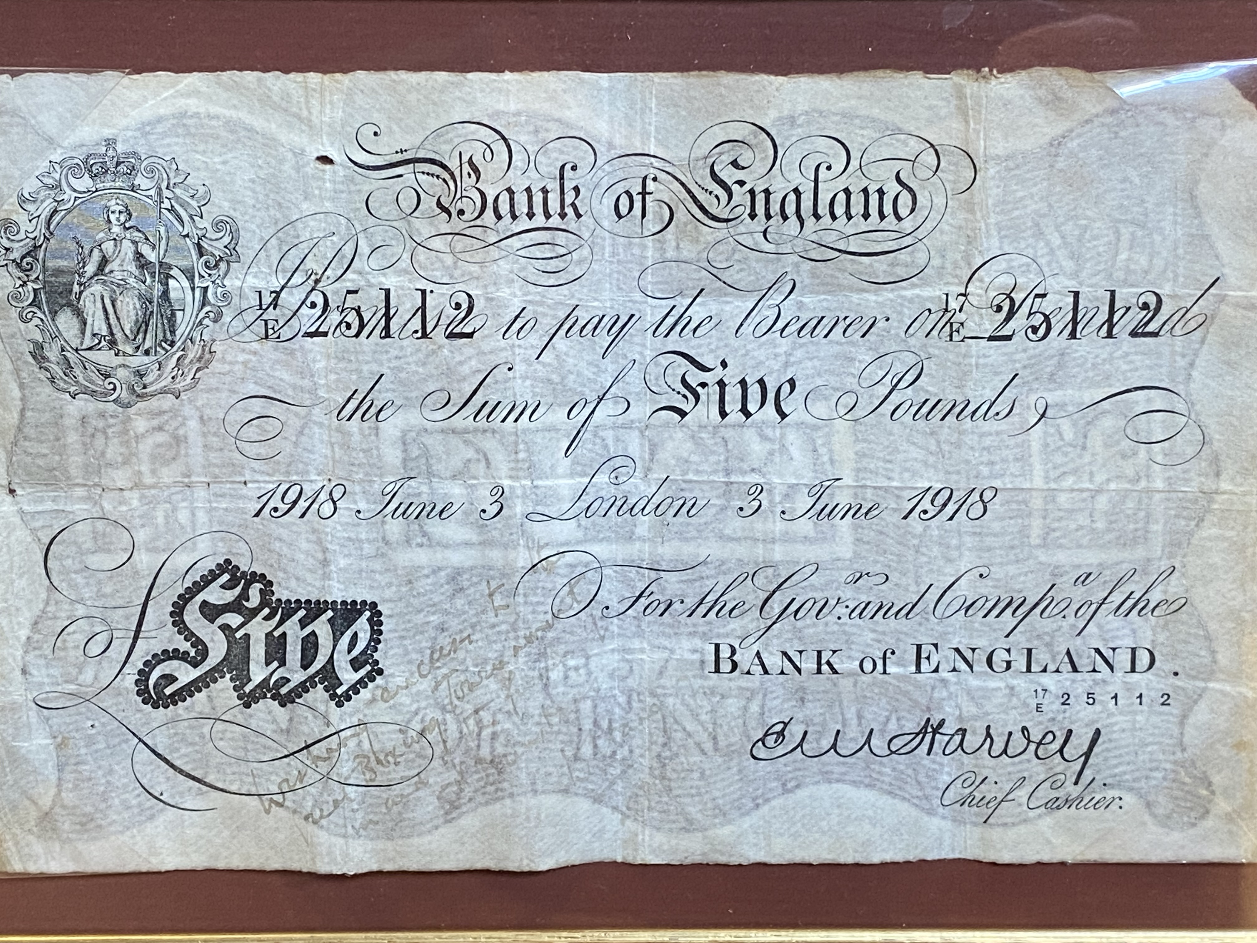 Framed and glazed Bank of England £5 note, dated 1918 - Image 3 of 3