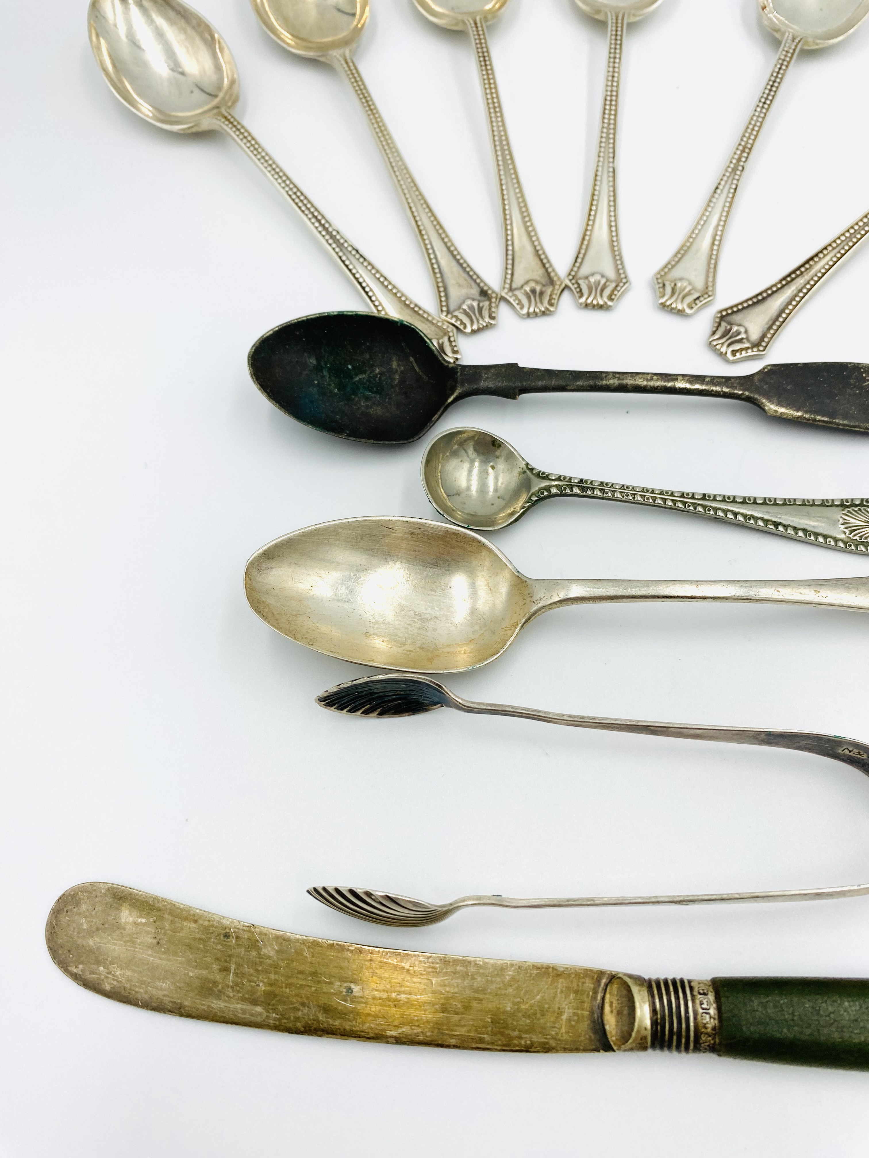 Six silver teaspoons; two other silver tea spoons and a pair of silver sugar tongs - Image 2 of 4