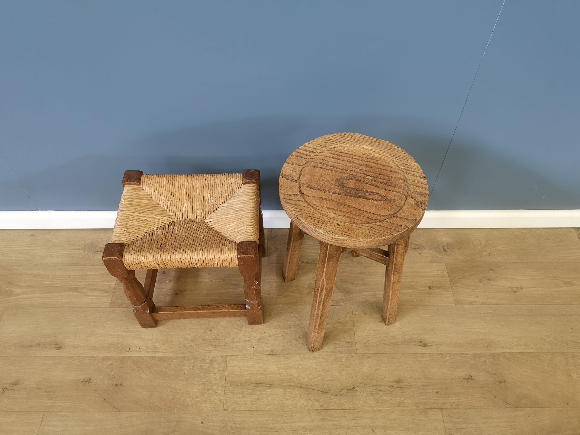 Robert Mouseman oak stool with rush seat, together with another stool - Image 3 of 5