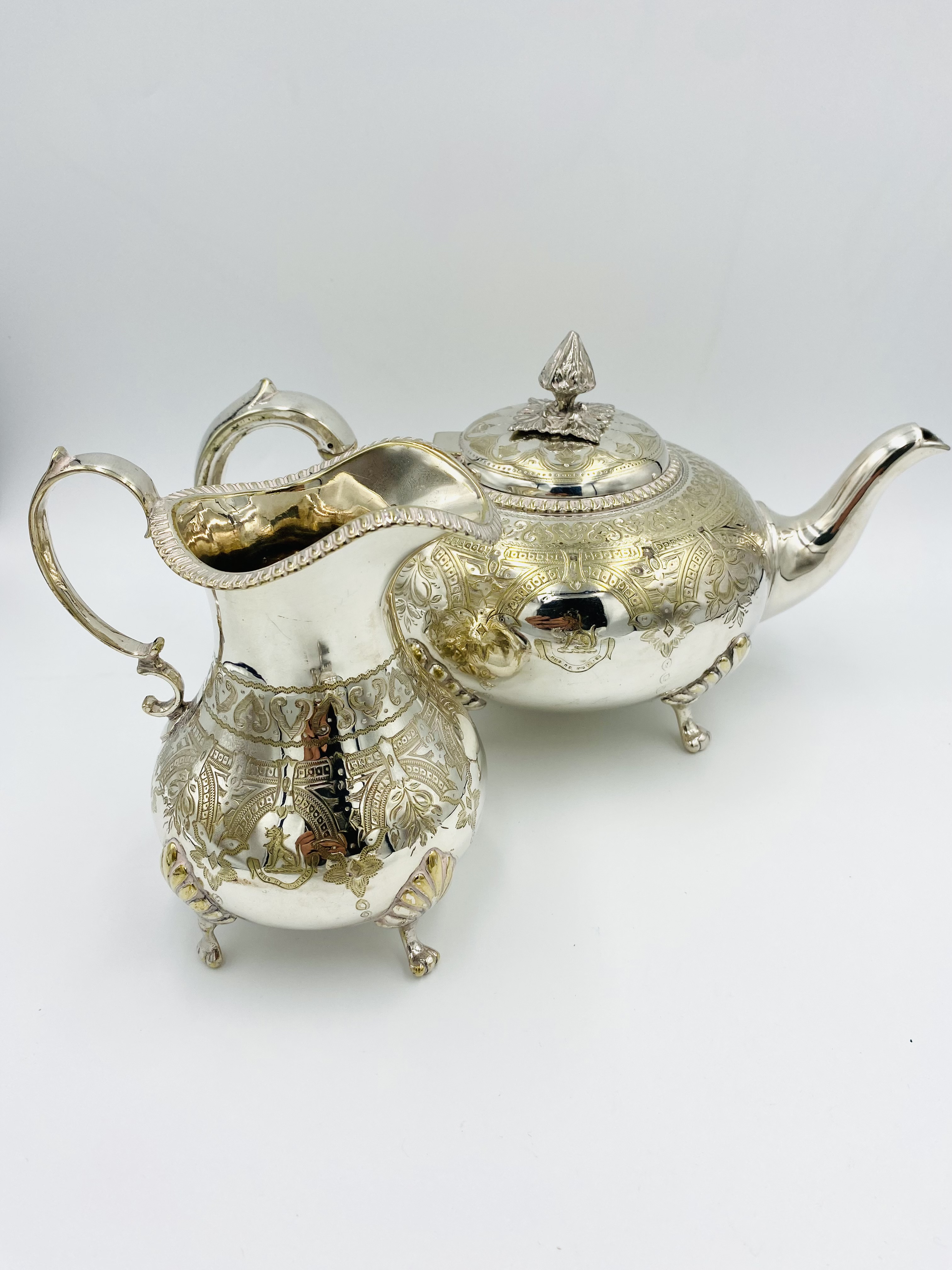 Victorian silver milk jug, pair of silver egg cups and a silver plate teapot - Image 3 of 5