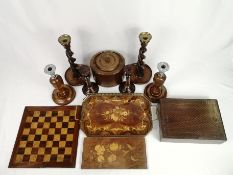 Pair of open barley twist wood candlesticks and other items