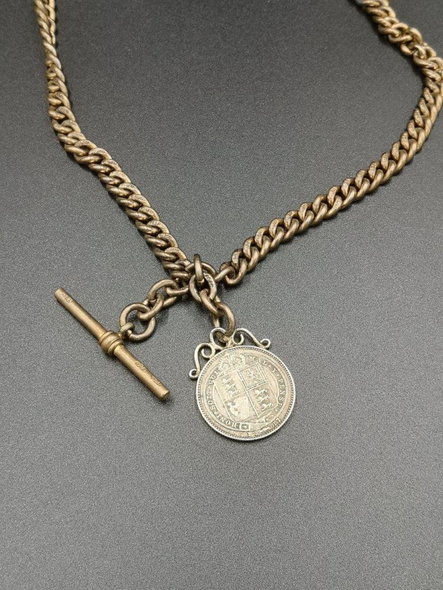 18ct gold fob chain with mounted silver sixpence 1887 - Image 3 of 6