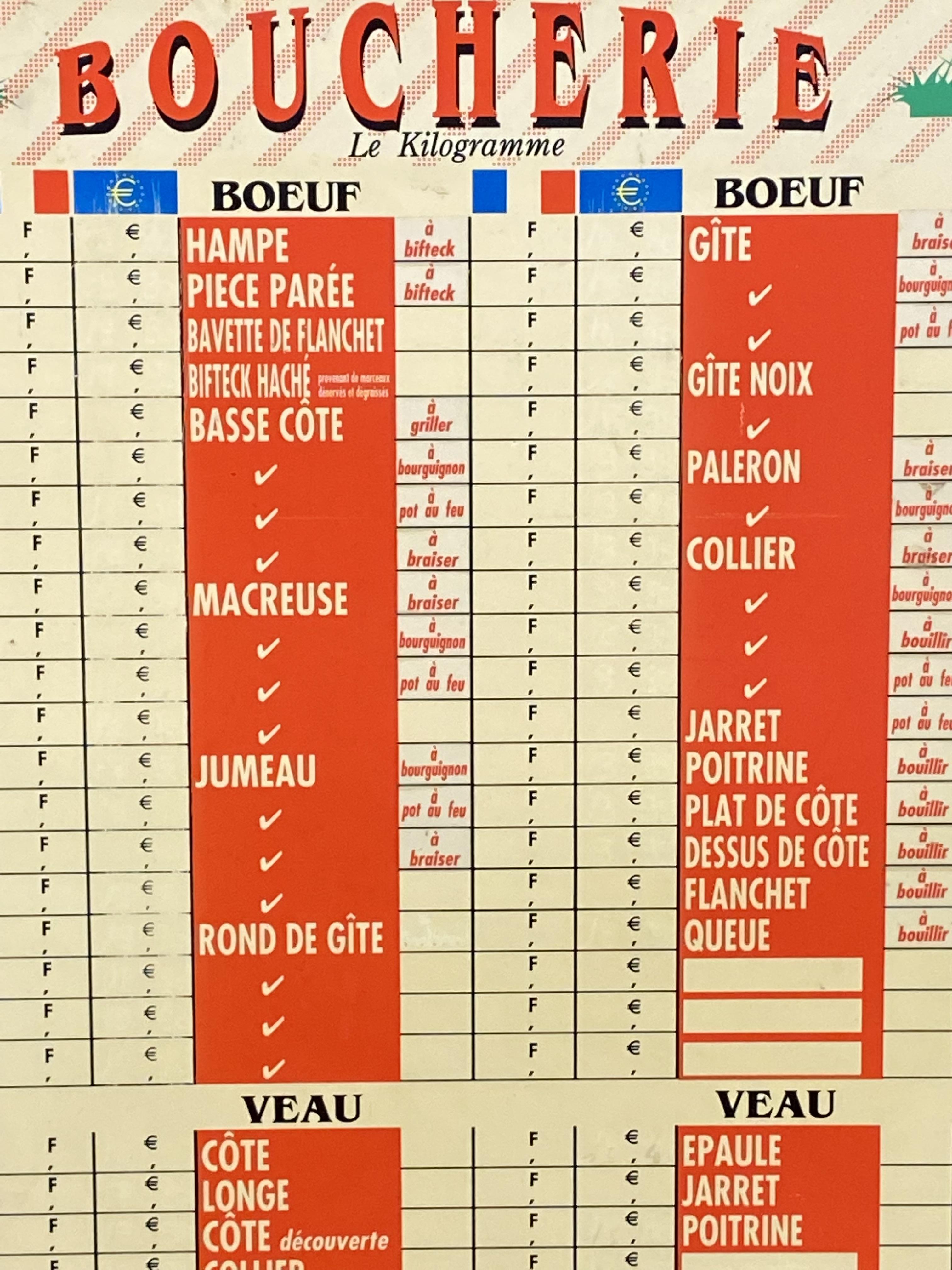 Boucherie price chart