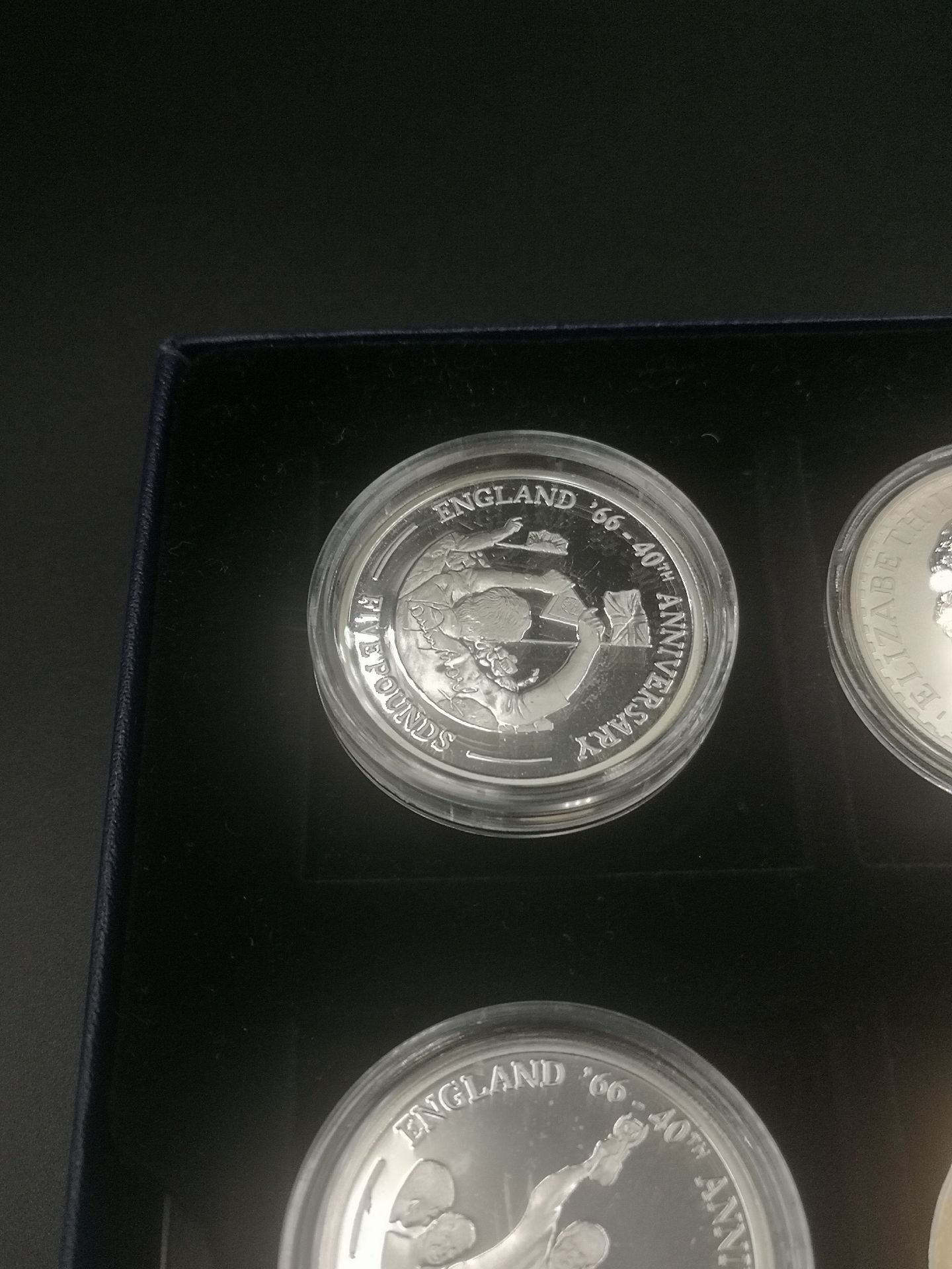 Siz silver proof £5 coins together with two silver 10 franc coins - Image 5 of 9