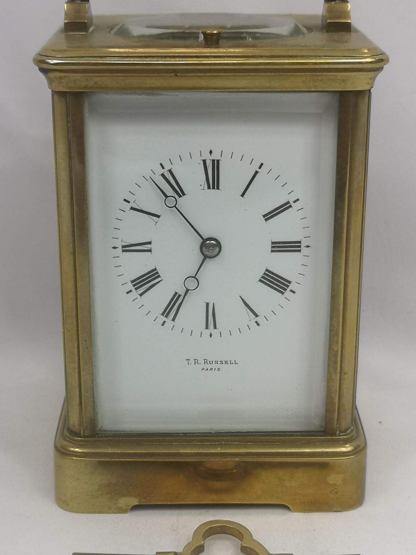 Brass carriage clock written to face T.R. Russell - Image 2 of 6