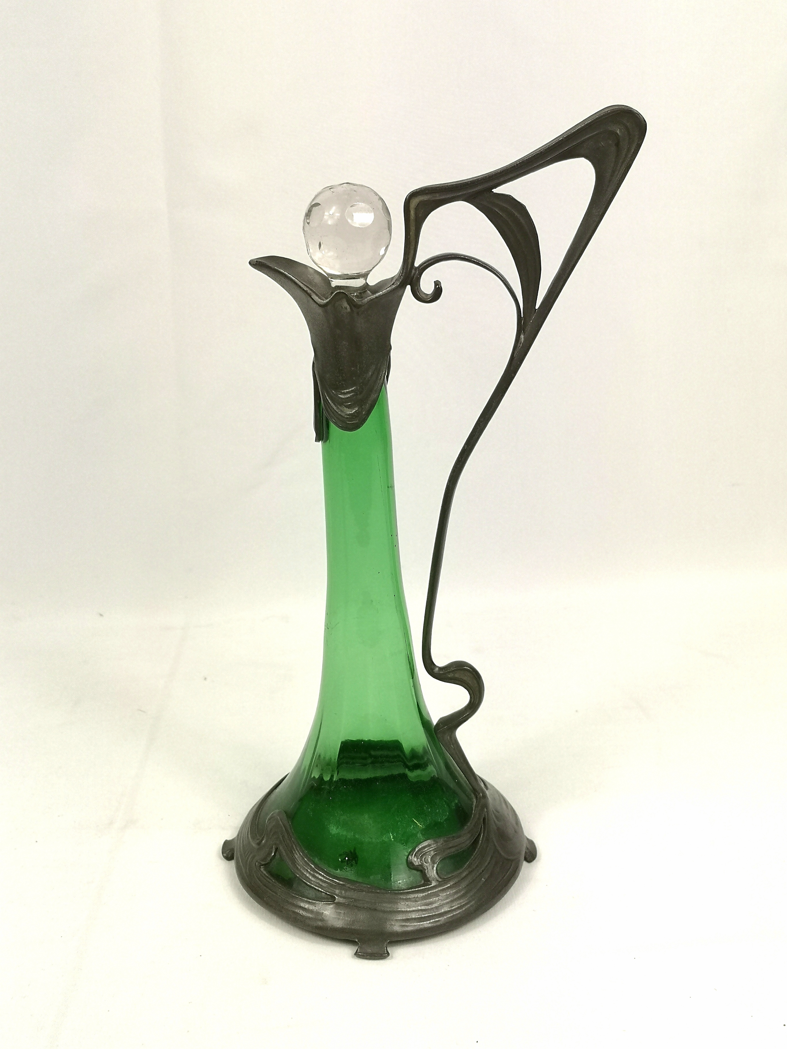 Pewter and green glass decanter