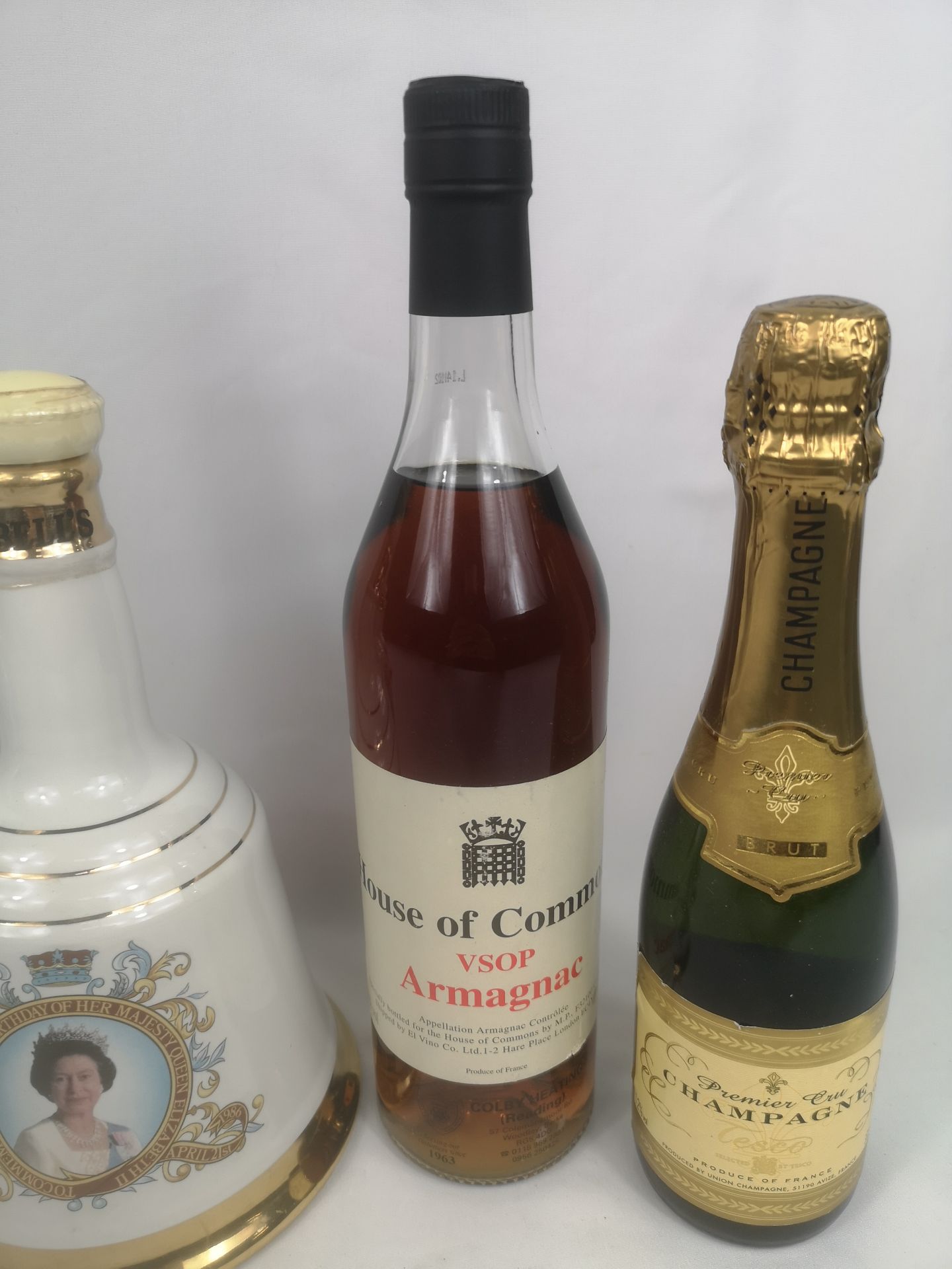 Three Bells porcelain whisky decanters, bottle of House of Commons Armagnac - Image 5 of 6
