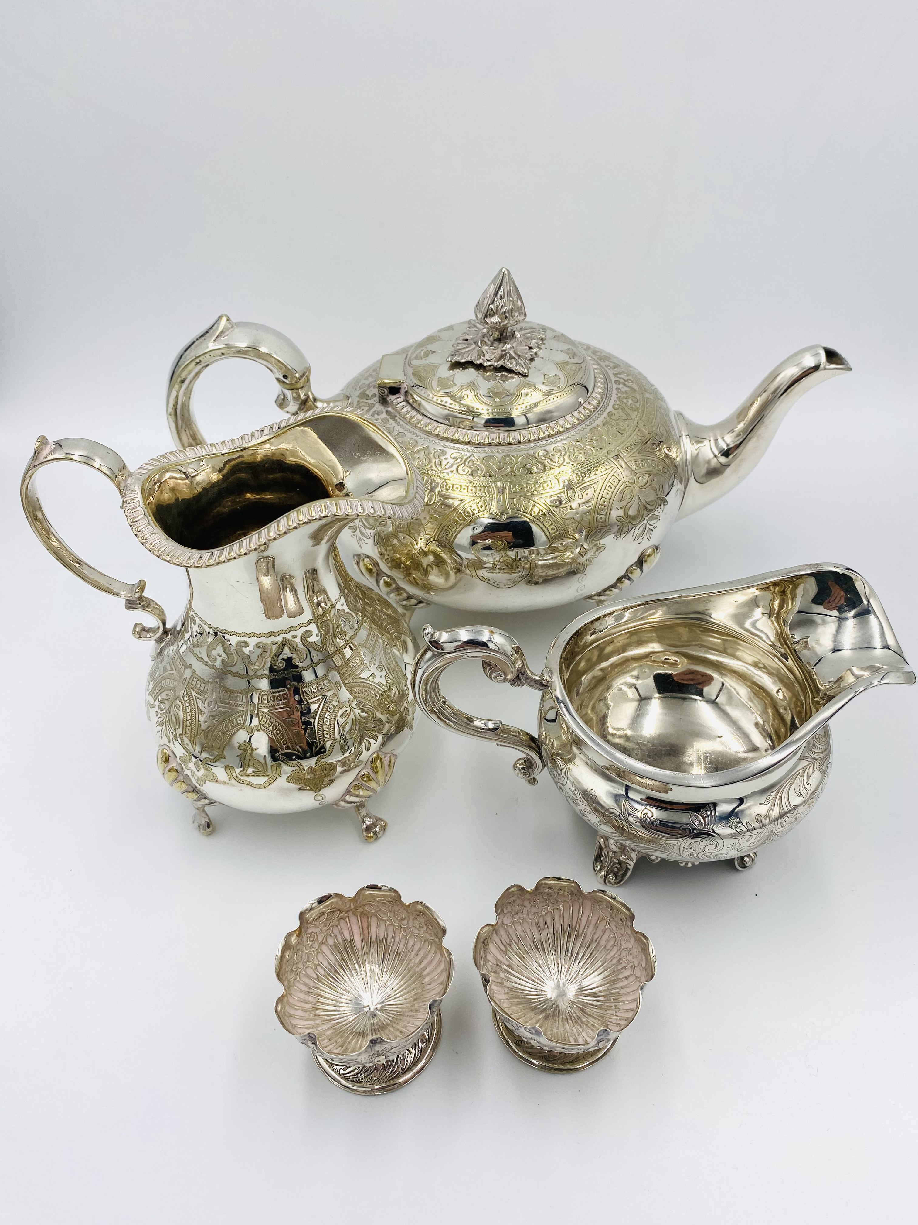 Victorian silver milk jug, pair of silver egg cups and a silver plate teapot - Image 2 of 5