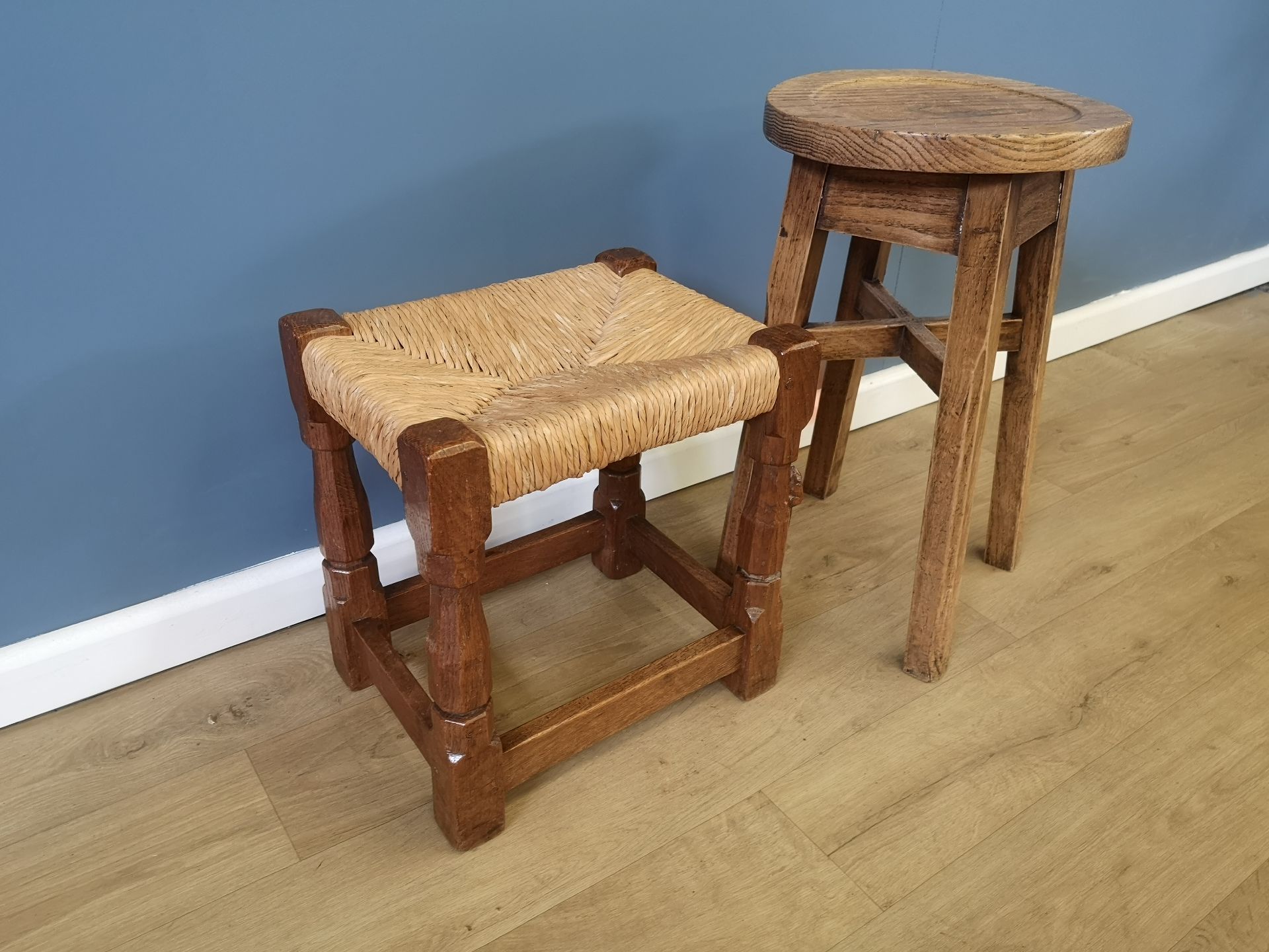 Robert Mouseman oak stool with rush seat, together with another stool - Image 5 of 5