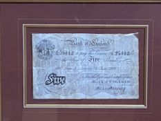 Framed and glazed Bank of England £5 note, dated 1918