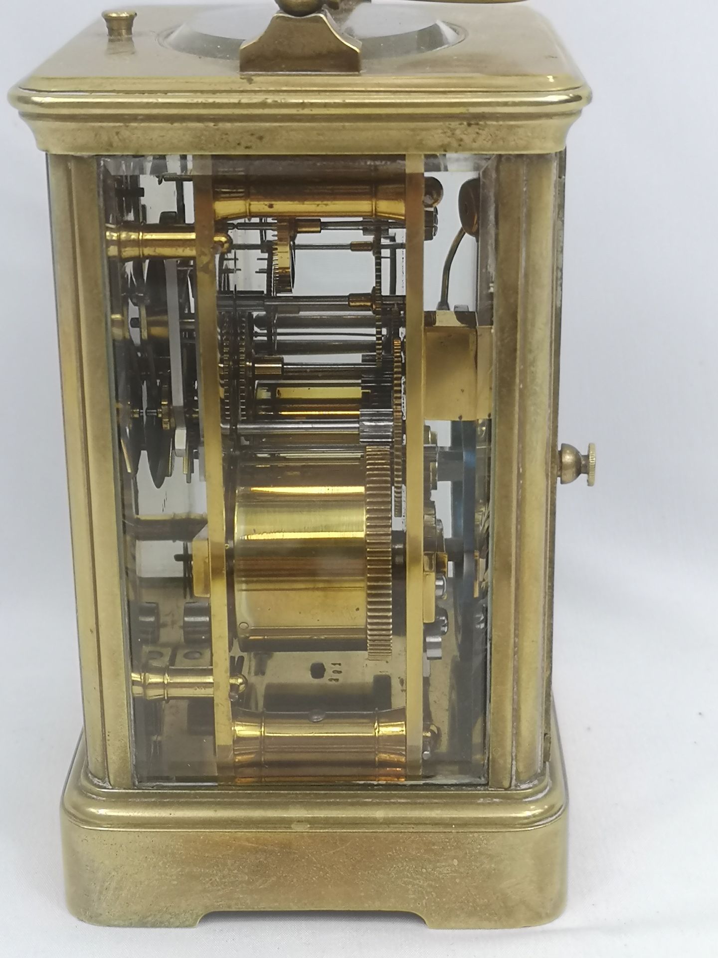 Brass carriage clock written to face T.R. Russell - Image 3 of 6
