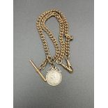 18ct gold fob chain with mounted silver sixpence 1887