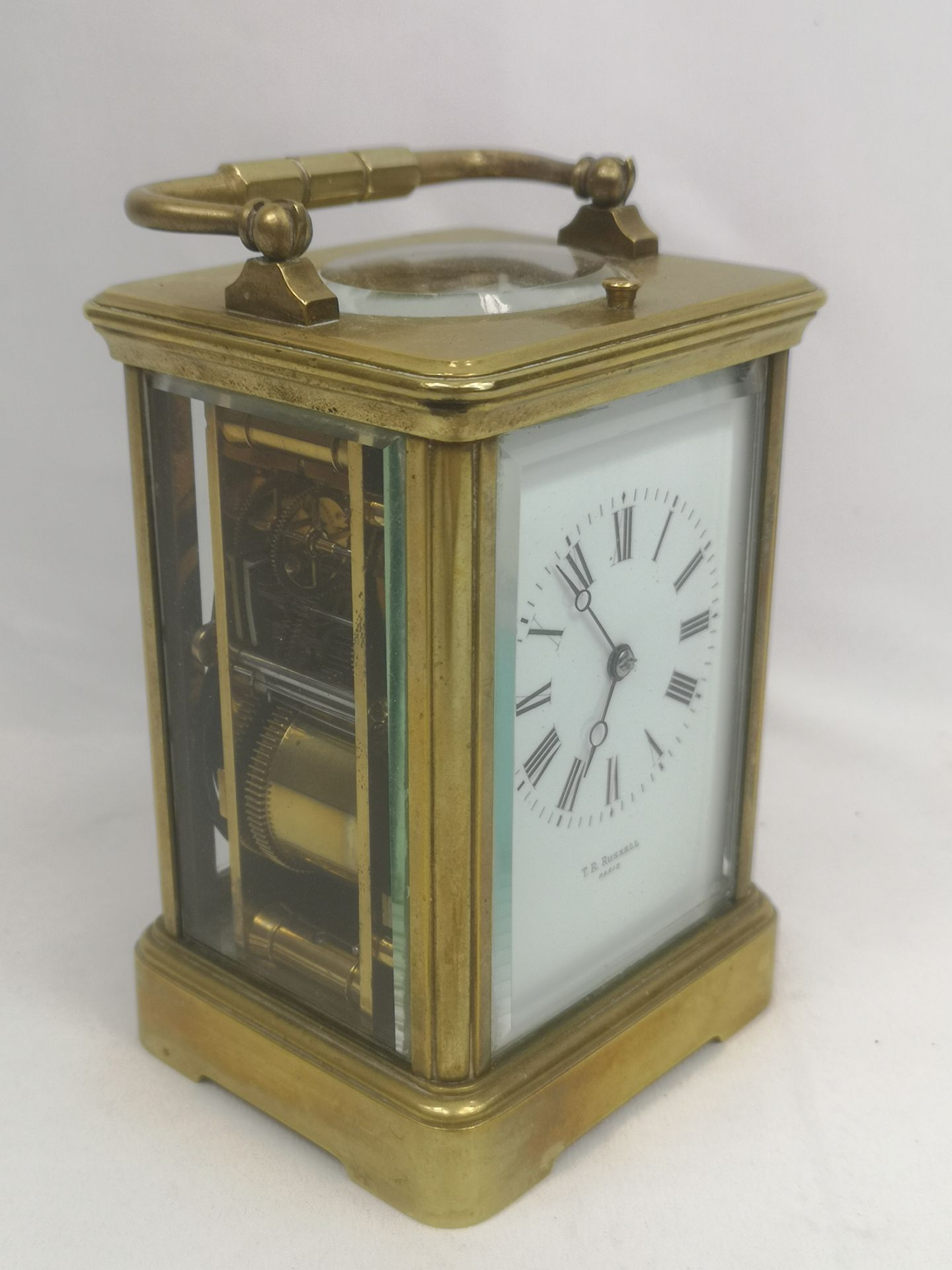 Brass carriage clock written to face T.R. Russell - Image 5 of 6