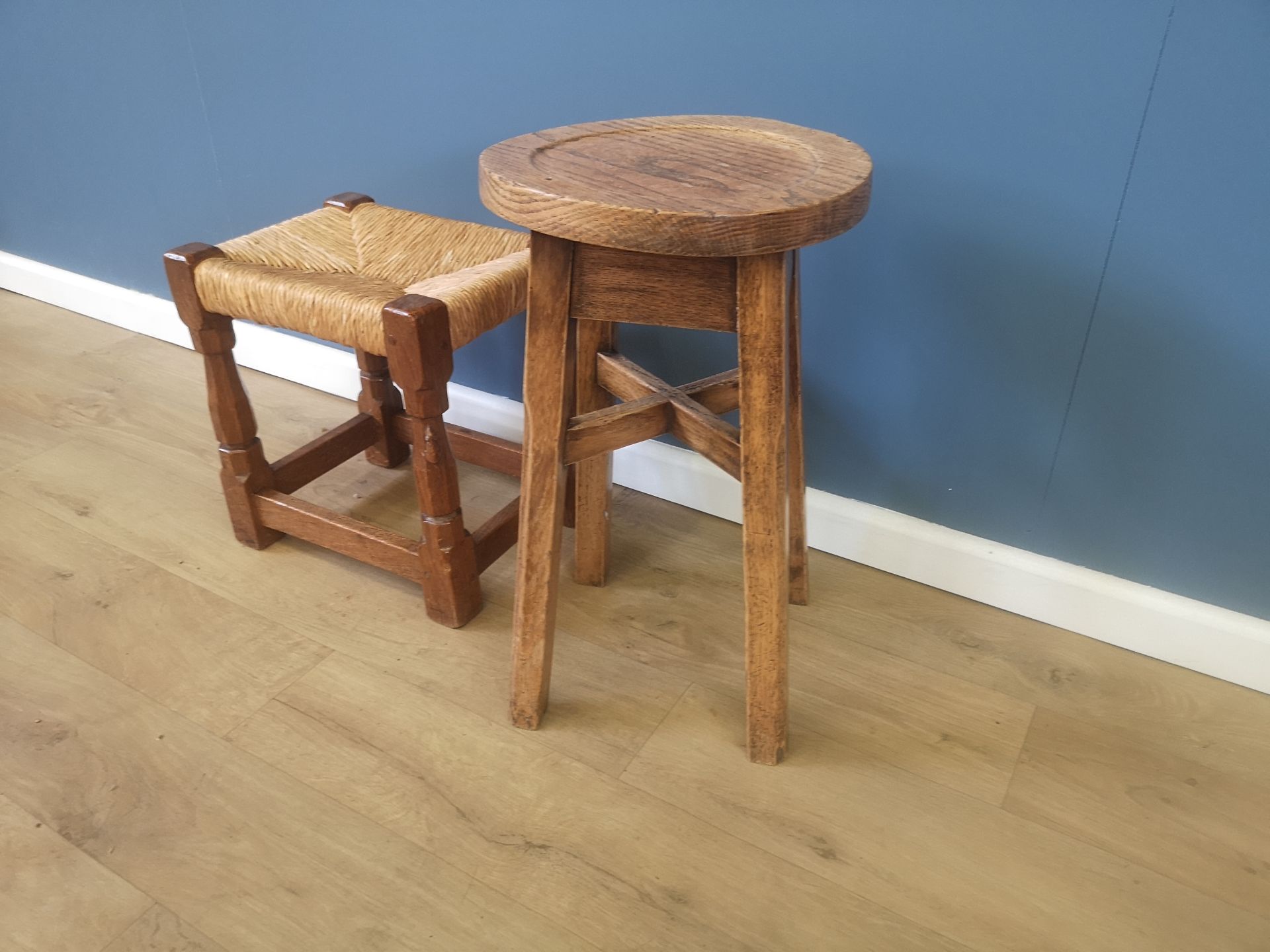 Robert Mouseman oak stool with rush seat, together with another stool - Image 4 of 5