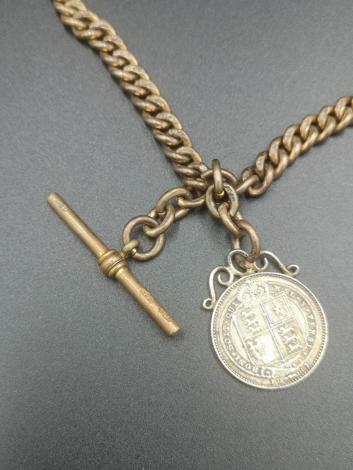 18ct gold fob chain with mounted silver sixpence 1887 - Image 4 of 6