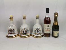 Three Bells porcelain whisky decanters, bottle of House of Commons Armagnac