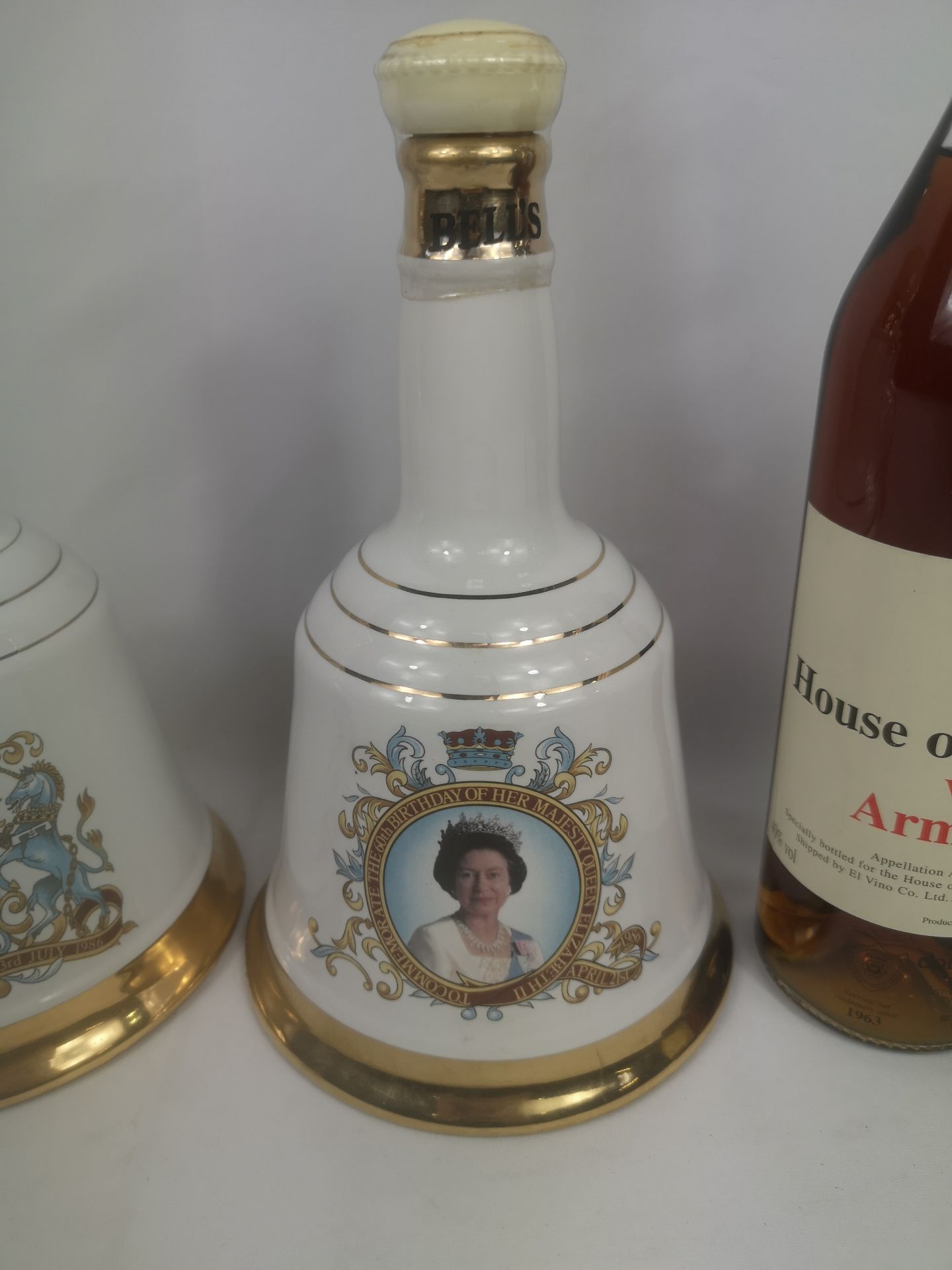 Three Bells porcelain whisky decanters, bottle of House of Commons Armagnac - Image 4 of 6