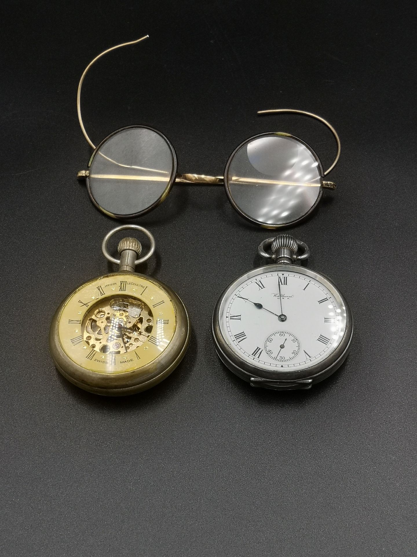 Waltham silver cased pocket watch; a pocket watch; rolled gold pair of spectacles