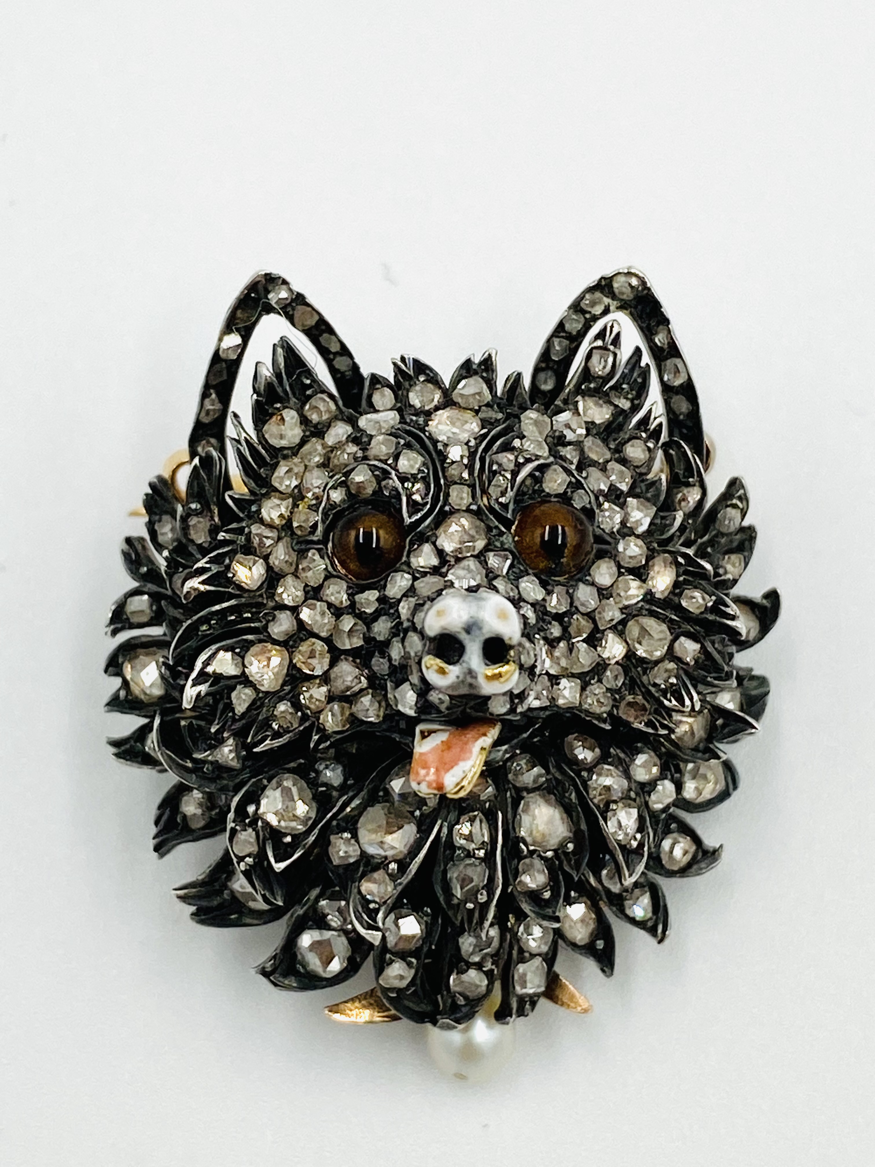 French diamond and enamel dogs head brooch