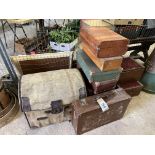 Wicker dome top trunk together with 6 leather suitcases