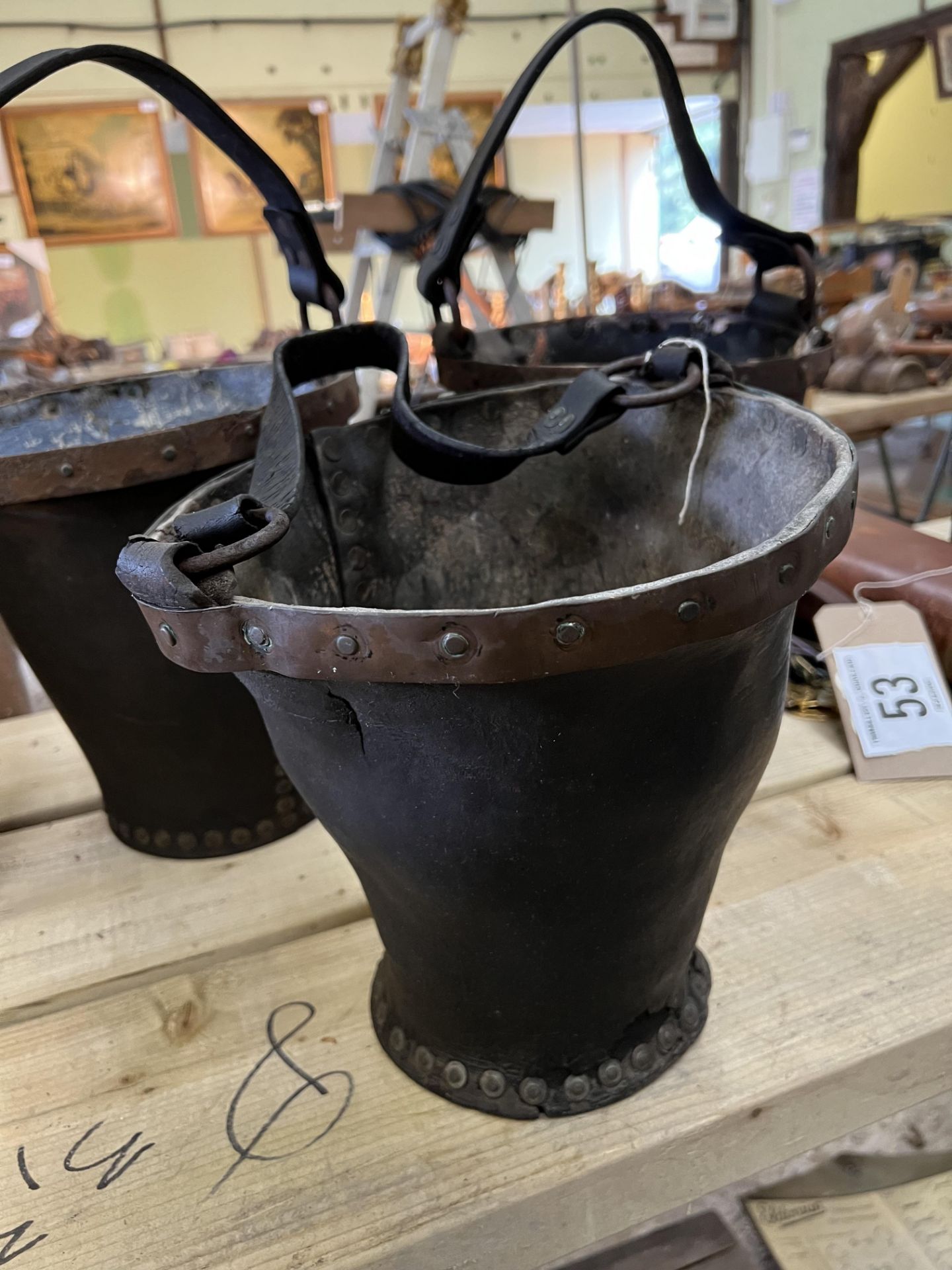 Three leather fire buckets. This lot carries VAT. - Bild 5 aus 5