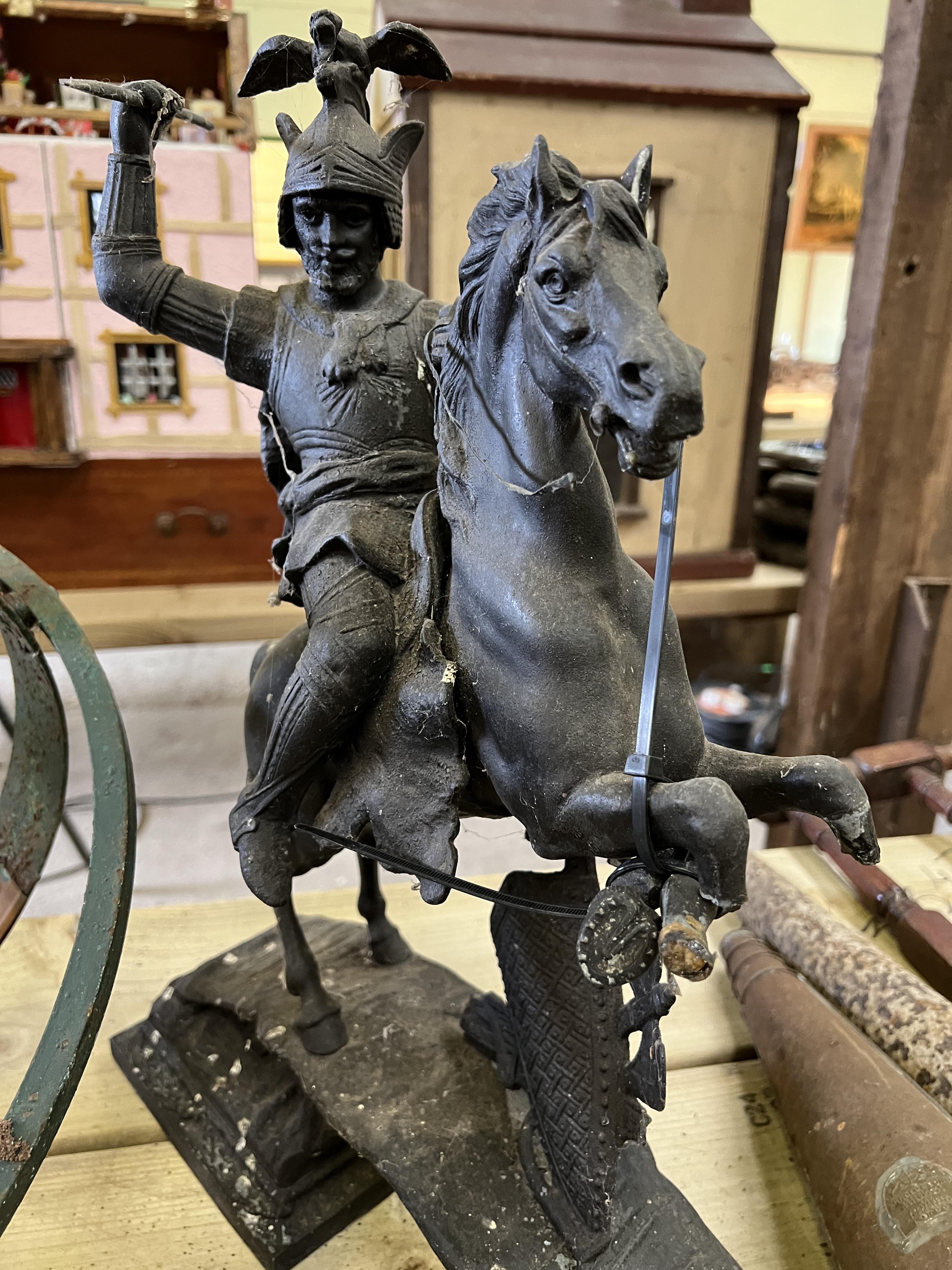 An armillary/sundial and a metal figure of a warrior on horseback. This lot carries VAT. - Image 2 of 2