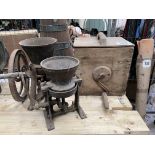 Wooden butter churn and 2 metal root grinders