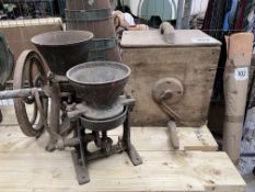 Wooden butter churn and 2 metal root grinders